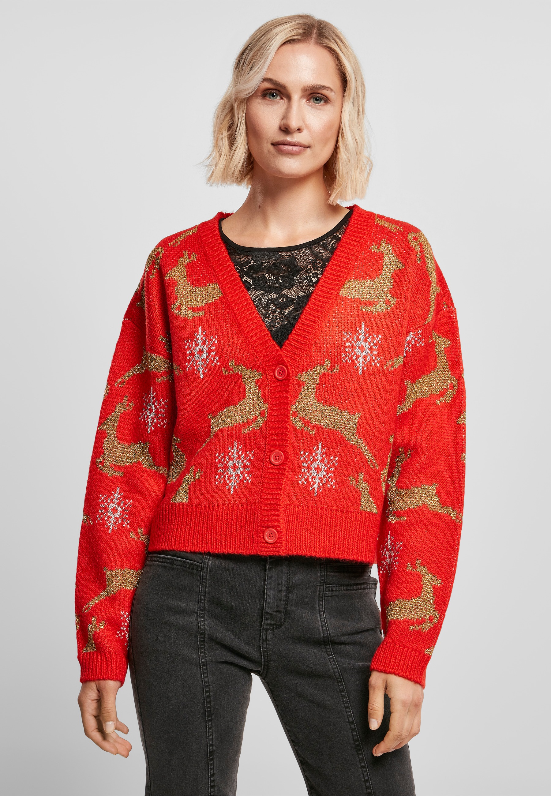 URBAN CLASSICS Cardigan »Urban Classics Damen Ladies Short Oversized Christmas Cardigan« 1 Stk.