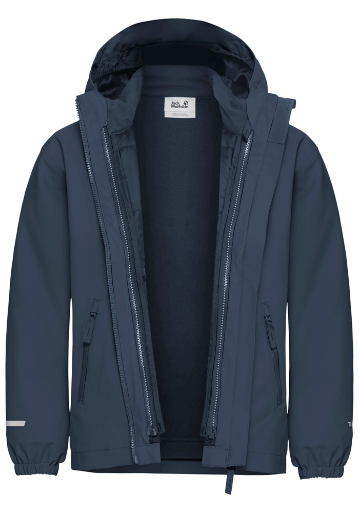 Jack Wolfskin 3-in-1-Funktionsjacke »HYBRID 3IN1 JACKET K« mit Kapuze für Kinder, atmungsaktive Fleece-Innenjacke, wasserdichte Außenjacke