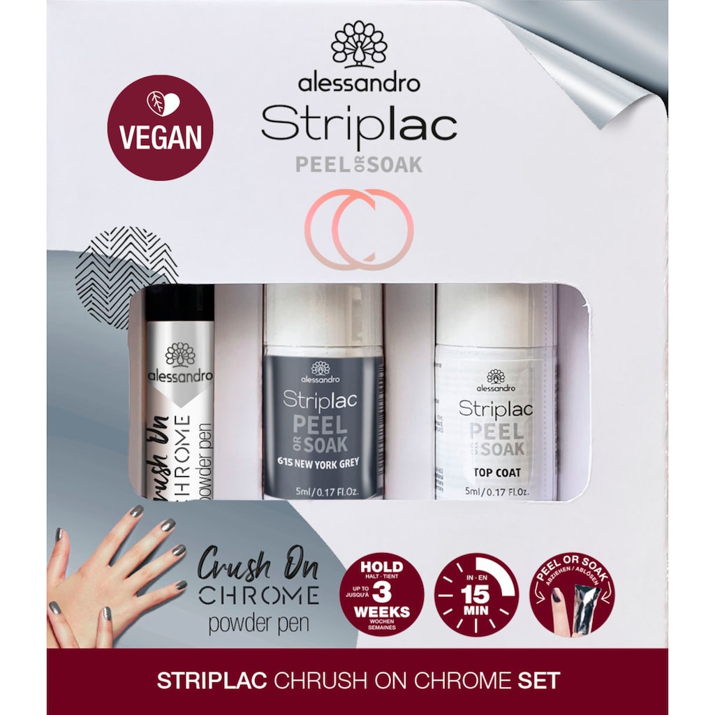 alessandro international UV-Nagellack »STRIPLAC PEEL OR SOAK SILVER CRUSH ON CHROME«, (Set, 3 tlg.)