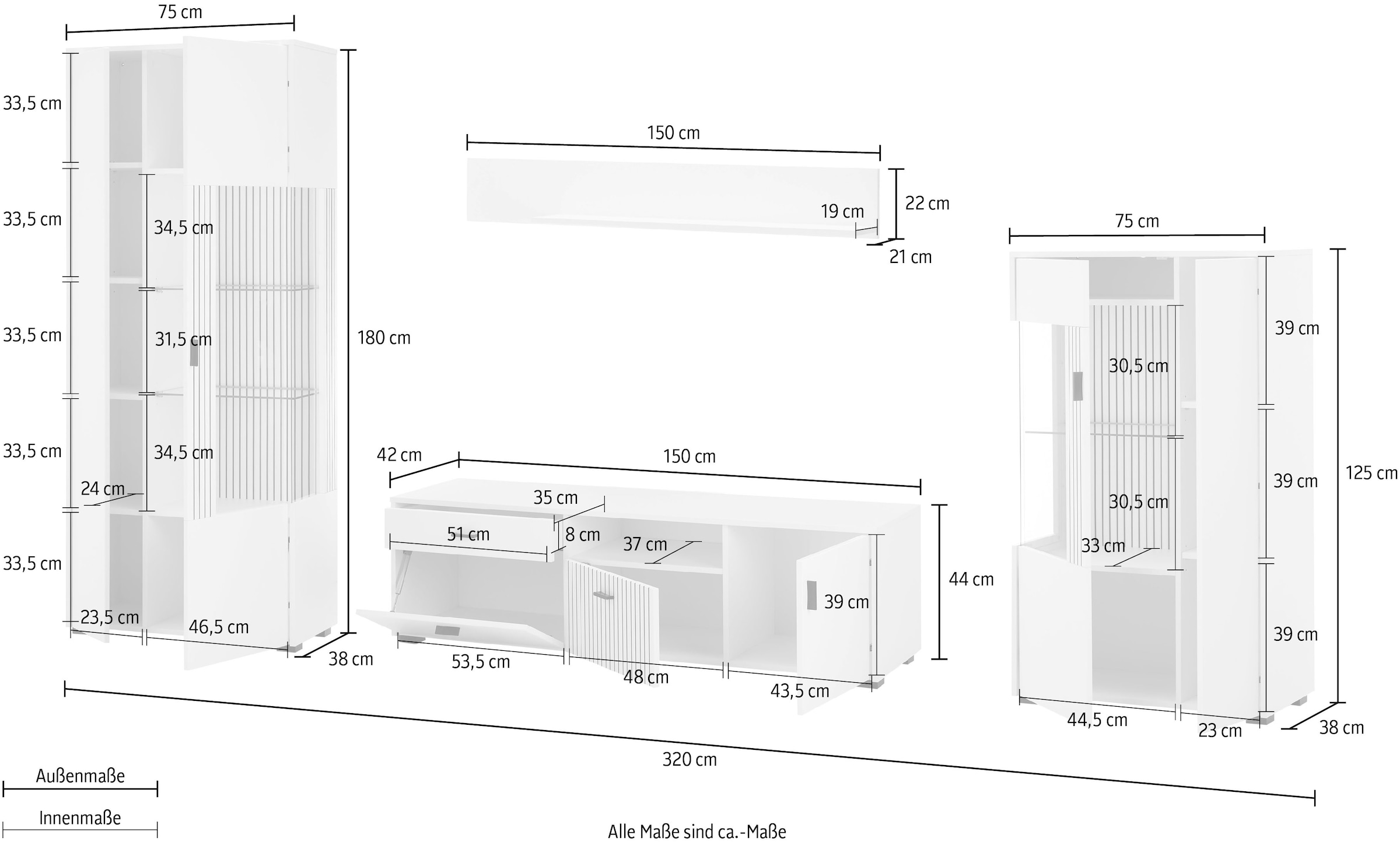 INOSIGN Wohnwand »HUDSON«, (Set, 4 St.), mit moderner Rillenoptik, Griffe aus Metall (Schwarz), Breite 320 cm