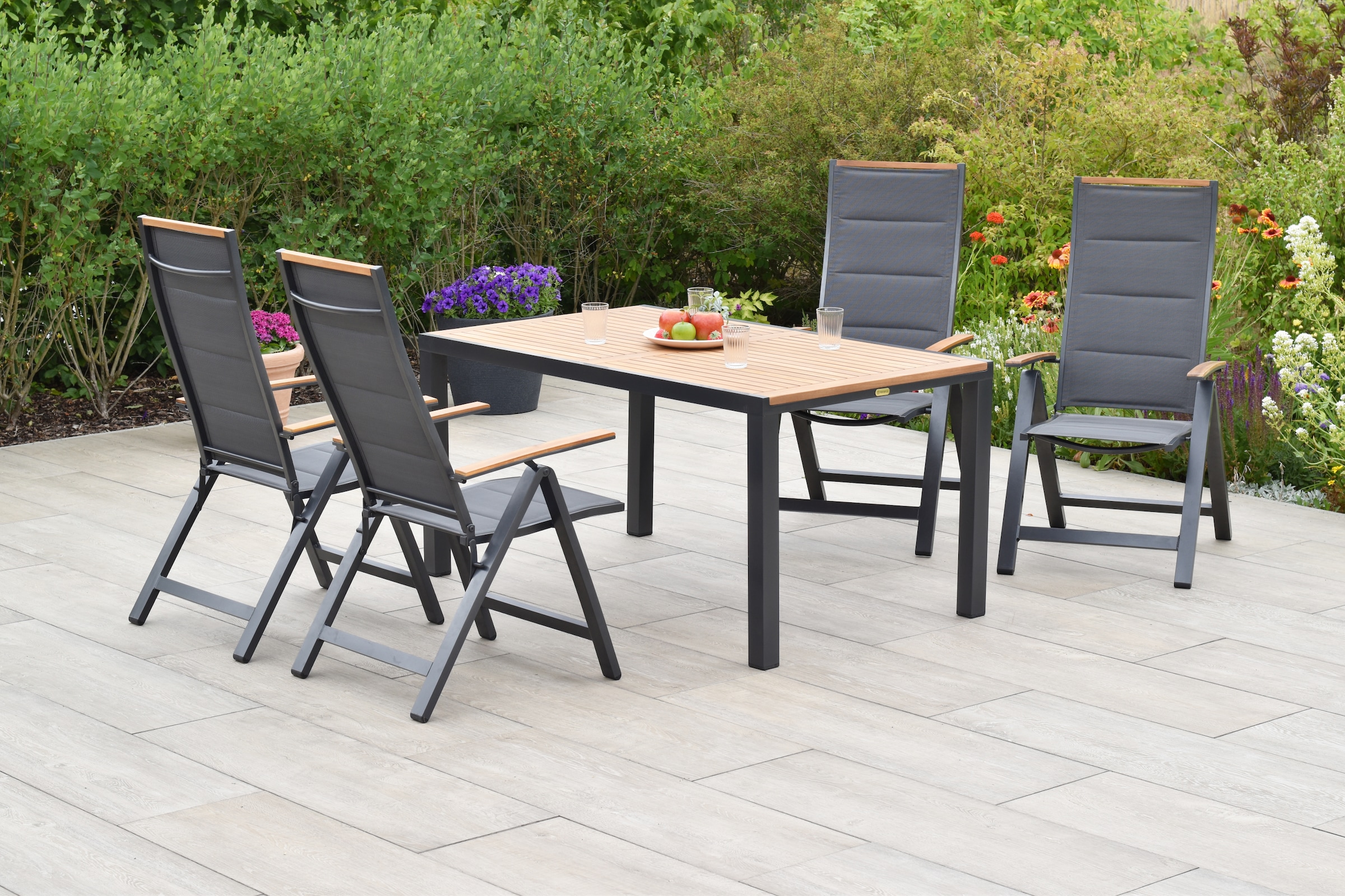 MERXX Garten-Essgruppe »»Verona««, (Set, 5 tlg., 5-fach verstellbare Rückenlehne, gepolsterte Sitz- und Rückenfläche), Tisch: LxB: 150x90 cm