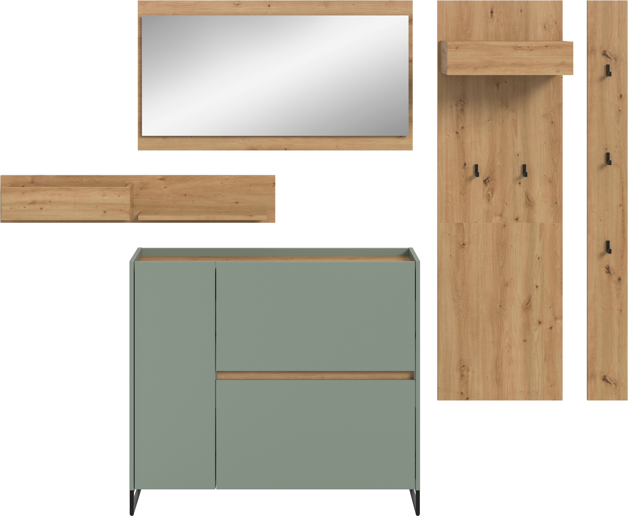 Home affaire Garderoben-Set »EVRID, 5-teilig, Breite 236 cm, individuell stellbar & erweiterbar« best. aus: Wandboard, Kommode, Spiegel, Garderobenpaneel, Hakenleiste, 5 Stk. tlg.