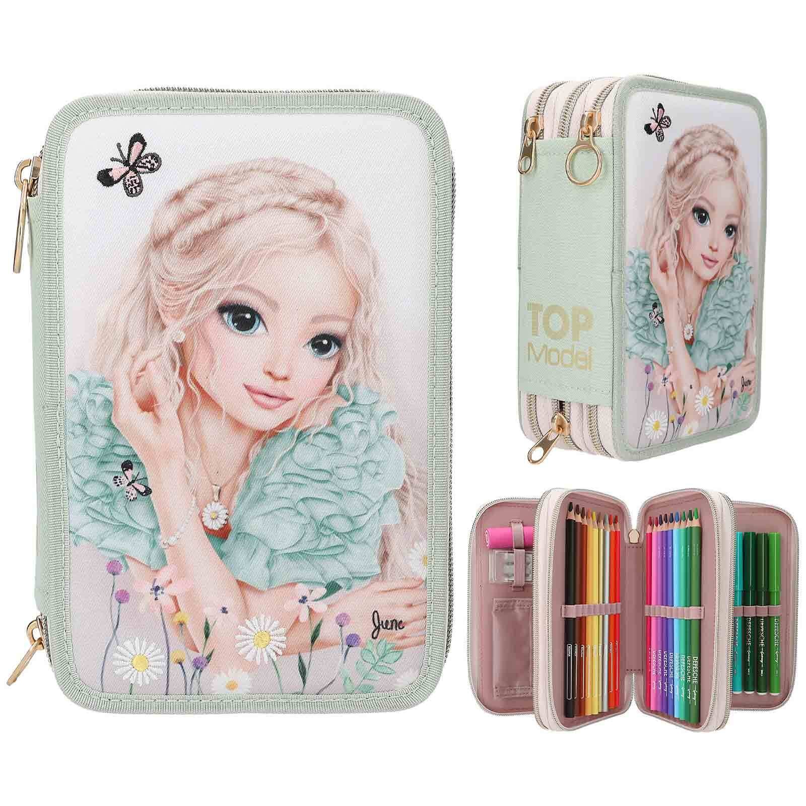 Depesche Buntstift »3-Fach Federtasche mit Stickerei SUMMER FEELING inkl. Stifte TOPModel 7,5 x 13 x 20 cm grün«