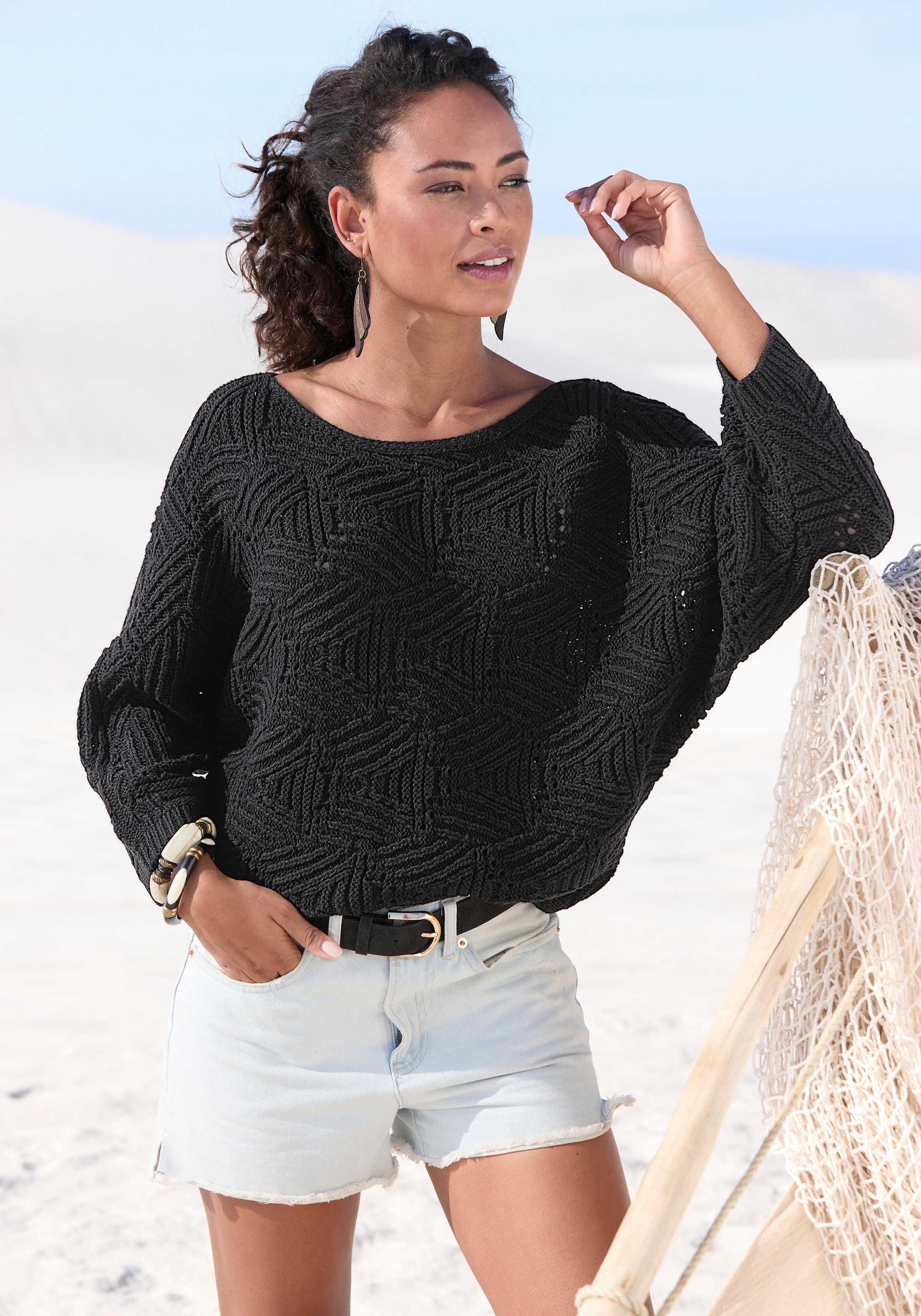 LASCANA Fledermauspullover "mit aufwendigem Strickmuster, Lochstrickmuster" modischer Ajourpullover, Oversize-Pullover, Strickpullover, Frühling