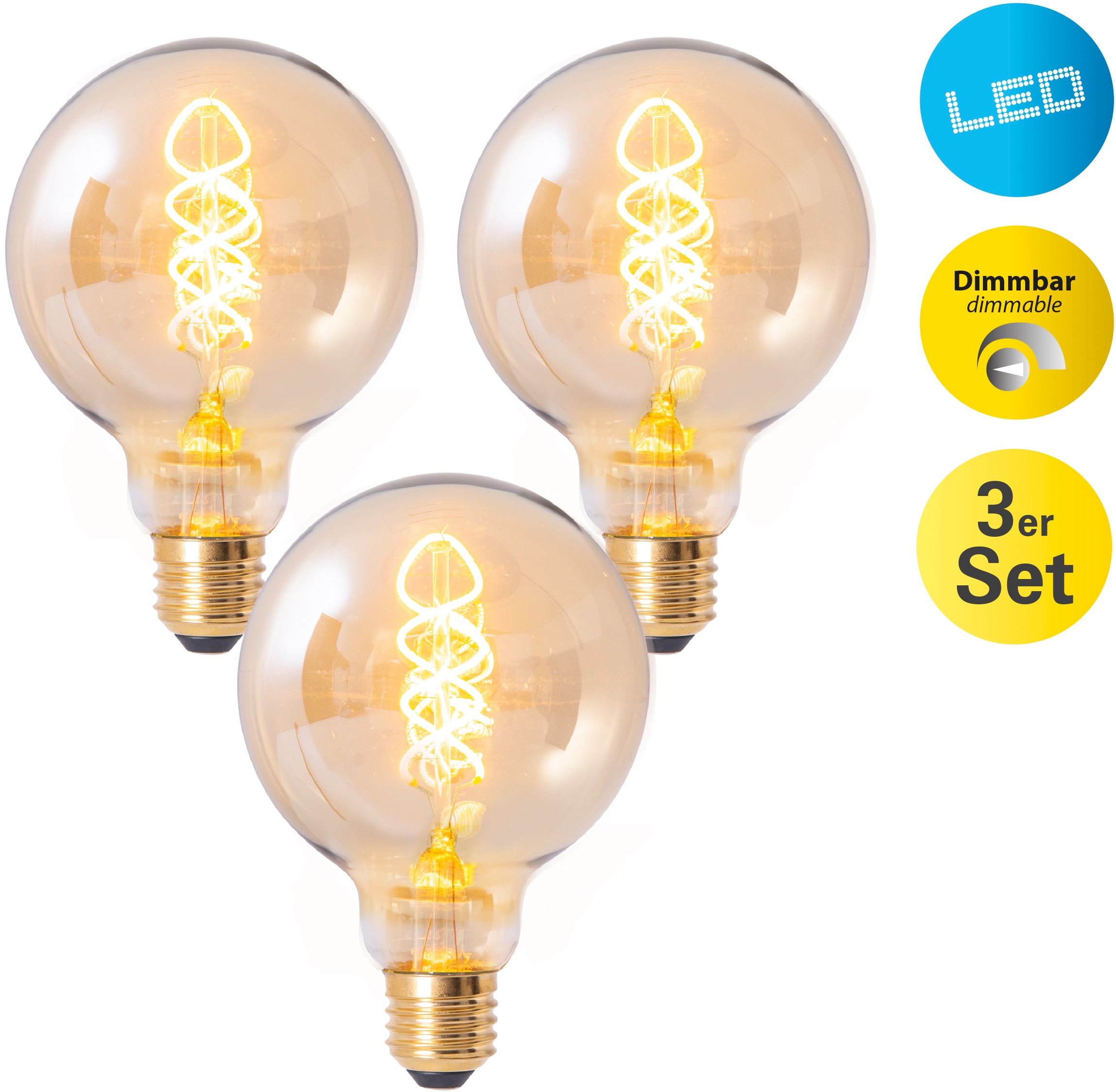 LED-Leuchtmittel G, Set, Warmweiß, E27, 9,5cm BAUR Retro LED 3er näve Effieziensklasse: St., 3 bestellen | »Dilly«, E27/4W Ø Filament,