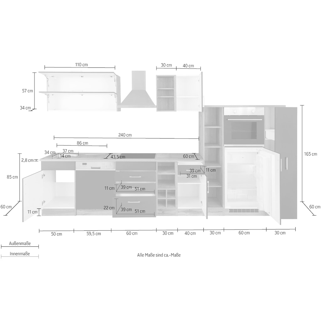 Wohnen Küchenmöbel HELD MÖBEL Küchenzeile »Colmar«, ohne E-Geräte, Breite 360 cm wotaneiche/wotaneiche