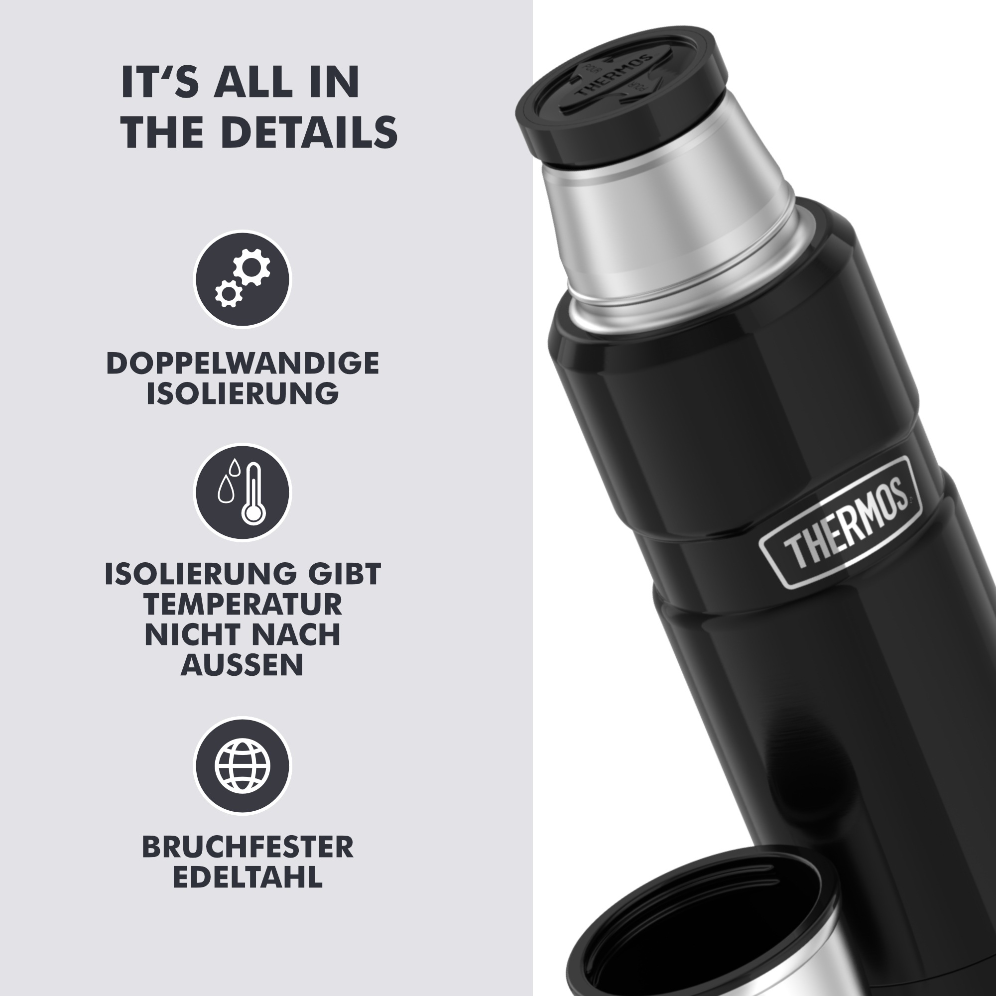 THERMOS Isolierflasche »STAINLESS KING BEVERAGE BOTTLE, doppelwandiger Edelstahl« 0,47l, 12h heiß & 24h kalt, Twist & Pour Lid, Becher