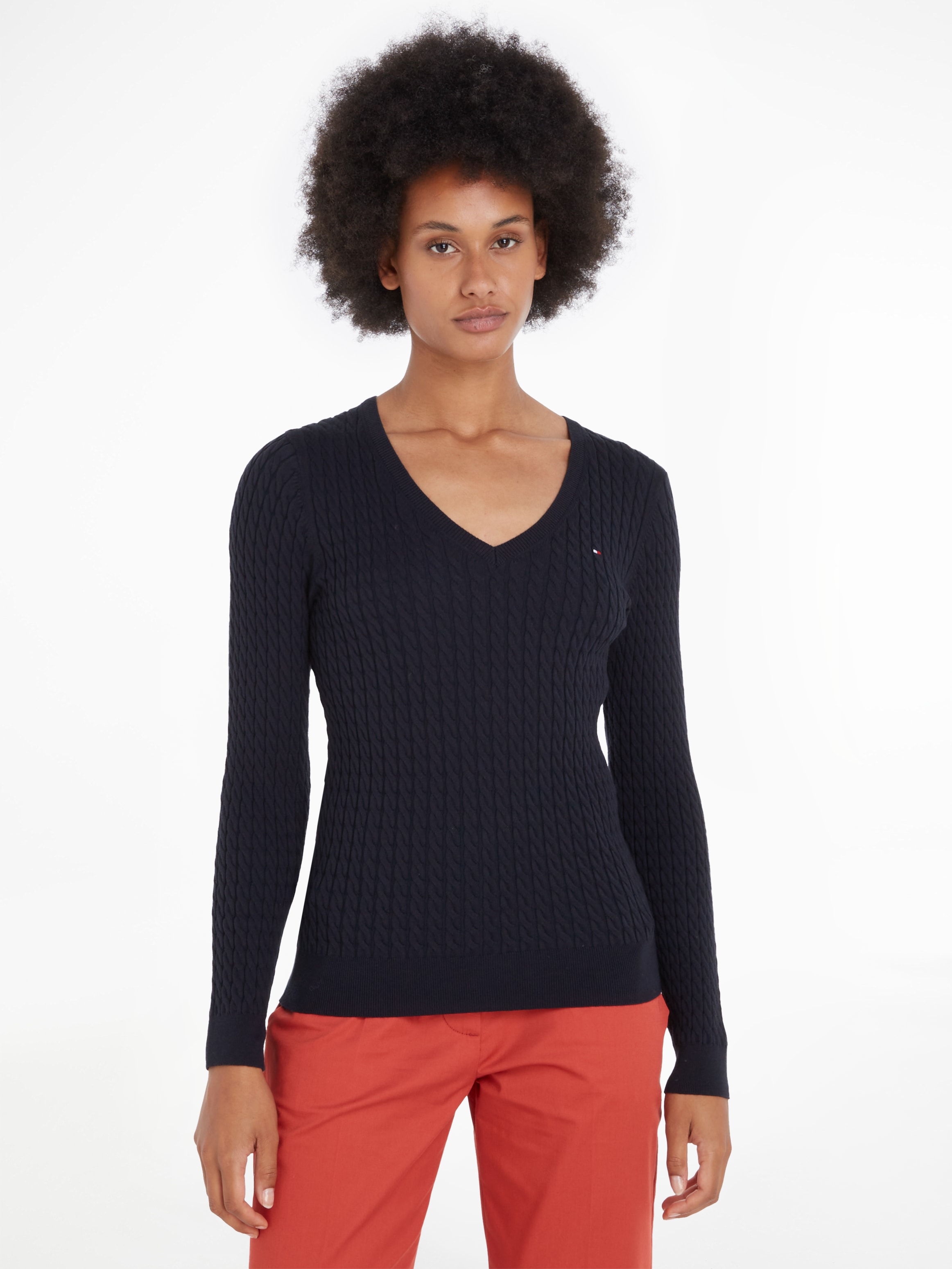 TOMMY HILFIGER Strickpullover »CO CABLE V-NK SWEATER«, mit Zopfmuster