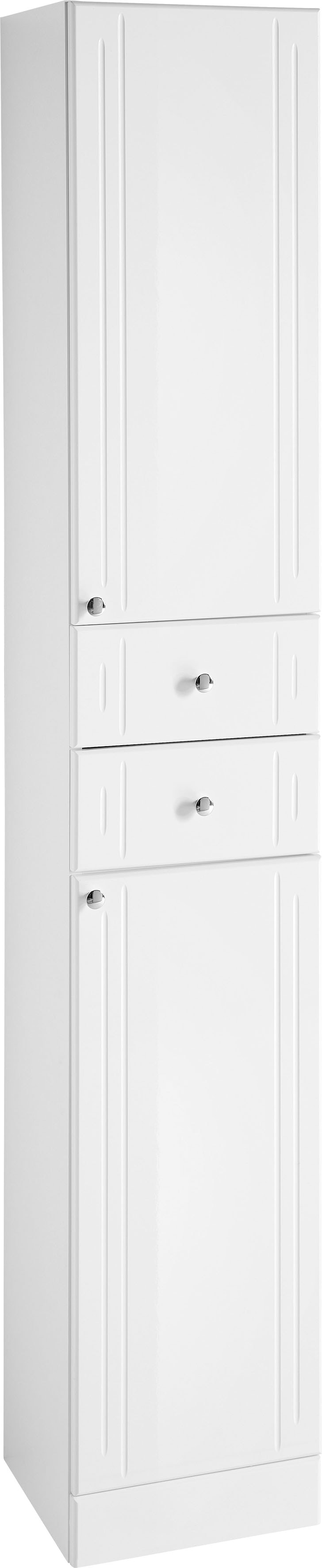 Saphir "Quickset 955 Badschrank, 32,5 cm breit, 2 Türen, 2 Schubladen" Badezimmer-Hochschrank inkl. Türdämpfer, Griffe in Chrom glänzend