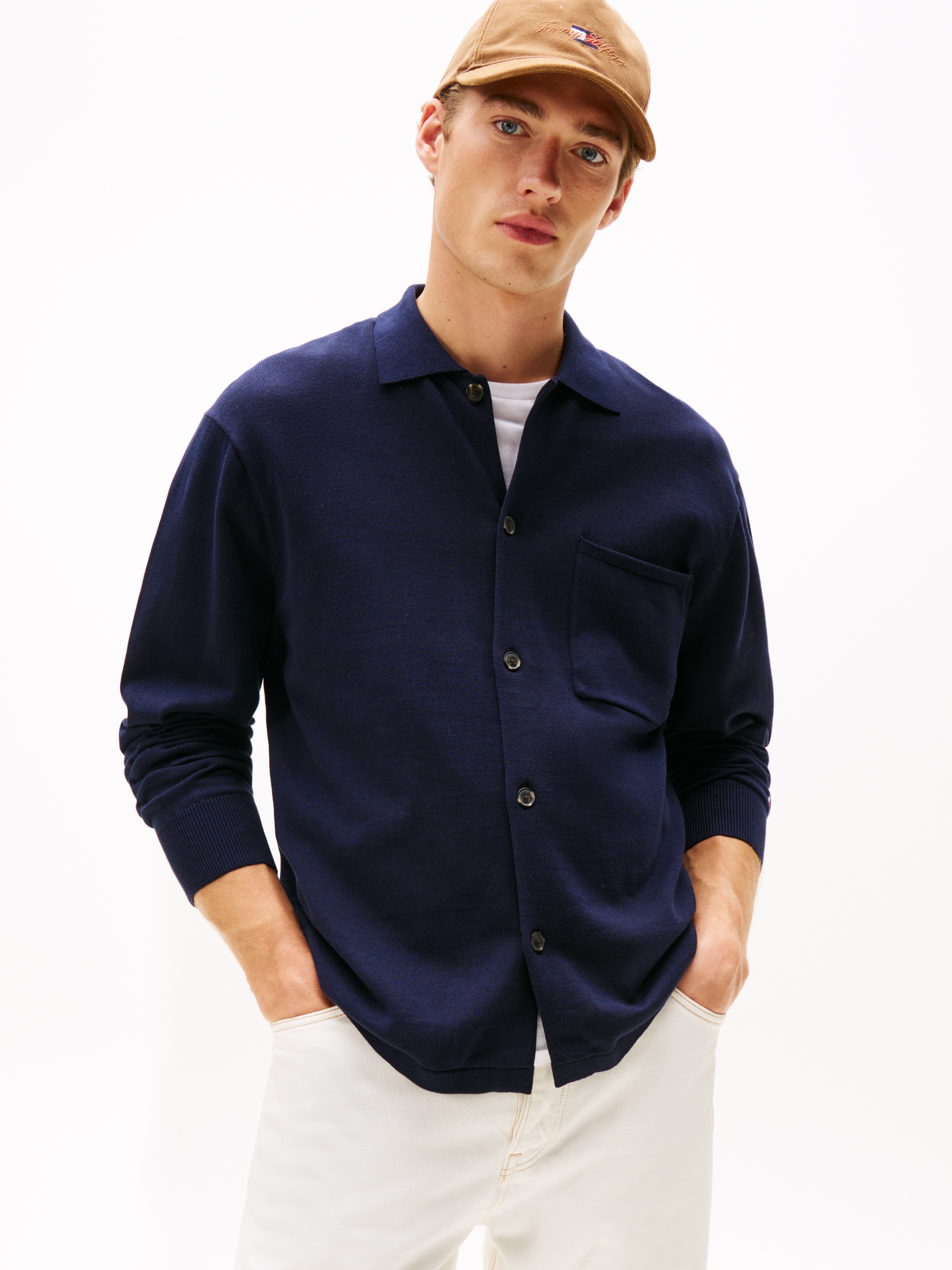 Tommy Hilfiger Strickjacke "ESSENTIAL COTTON" Relaxed Fit Strick-Overshirt mit Flag-Stickerei