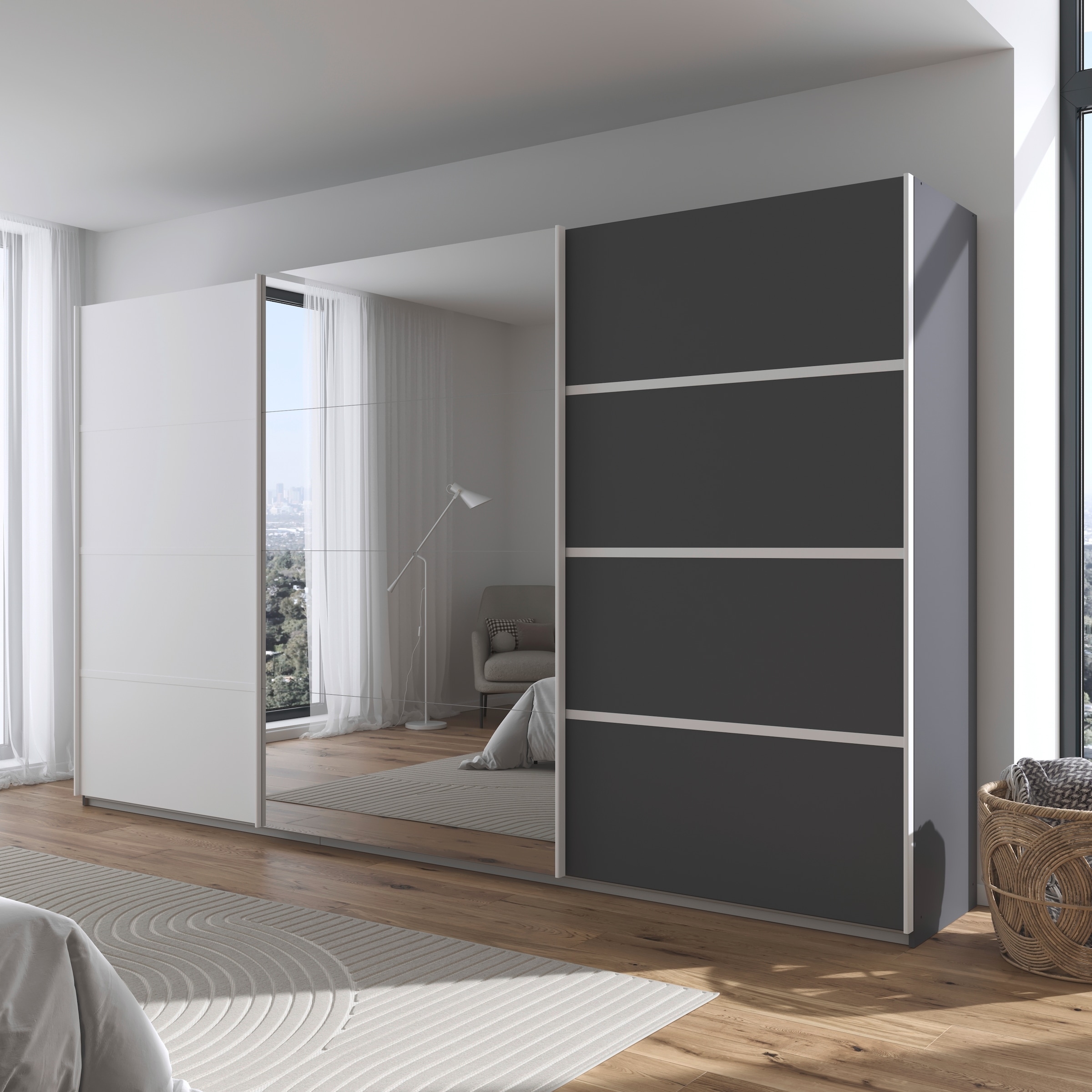 rauch Kleiderschrank »Schwebetürenschrank Garderobe Schrank TOP ANGEBOT Avola«, (in 3 verschiedenen Ausstattungen BASIC/CLASSIC/PREMIUM inkl. Spiegel), mit eleganten Zierleisten in Chrom, Schwarz oder Weiß MADE IN GERMANY