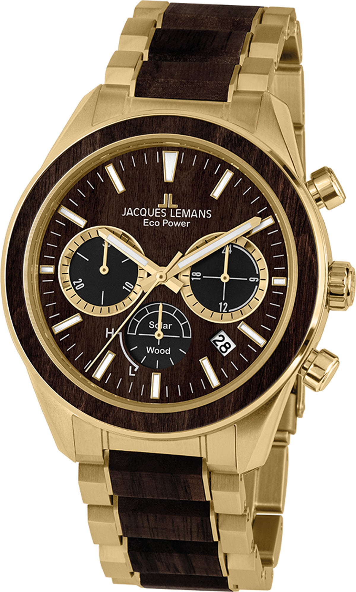 Jacques Lemans Solaruhr »Eco Power, 1-2115L«, Armbanduhr, Herrenuhr, Datum, Stoppfunktion, Holz-Zifferblatt