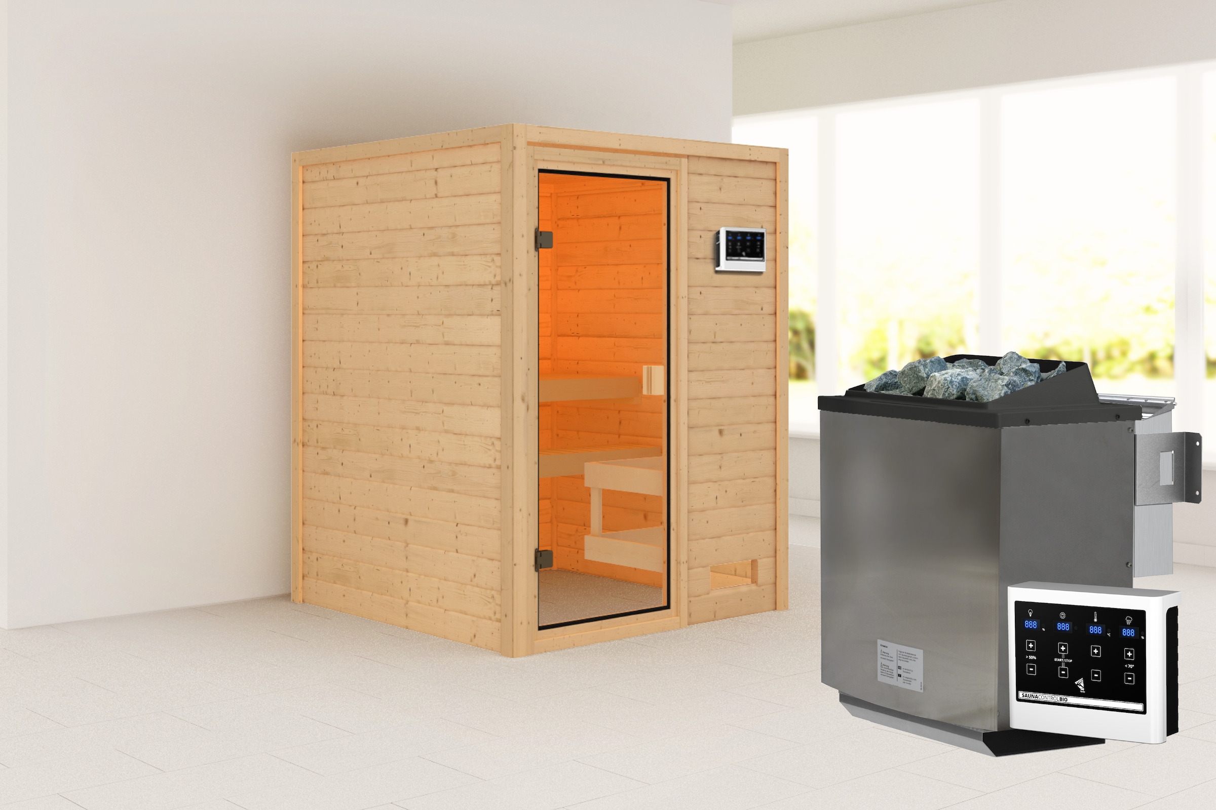Karibu Sauna ""Sandy" mit bronzierter Tür SET, naturbelassen, mit Ofen 9 kW" aus hochwertiger nordischer Fichte