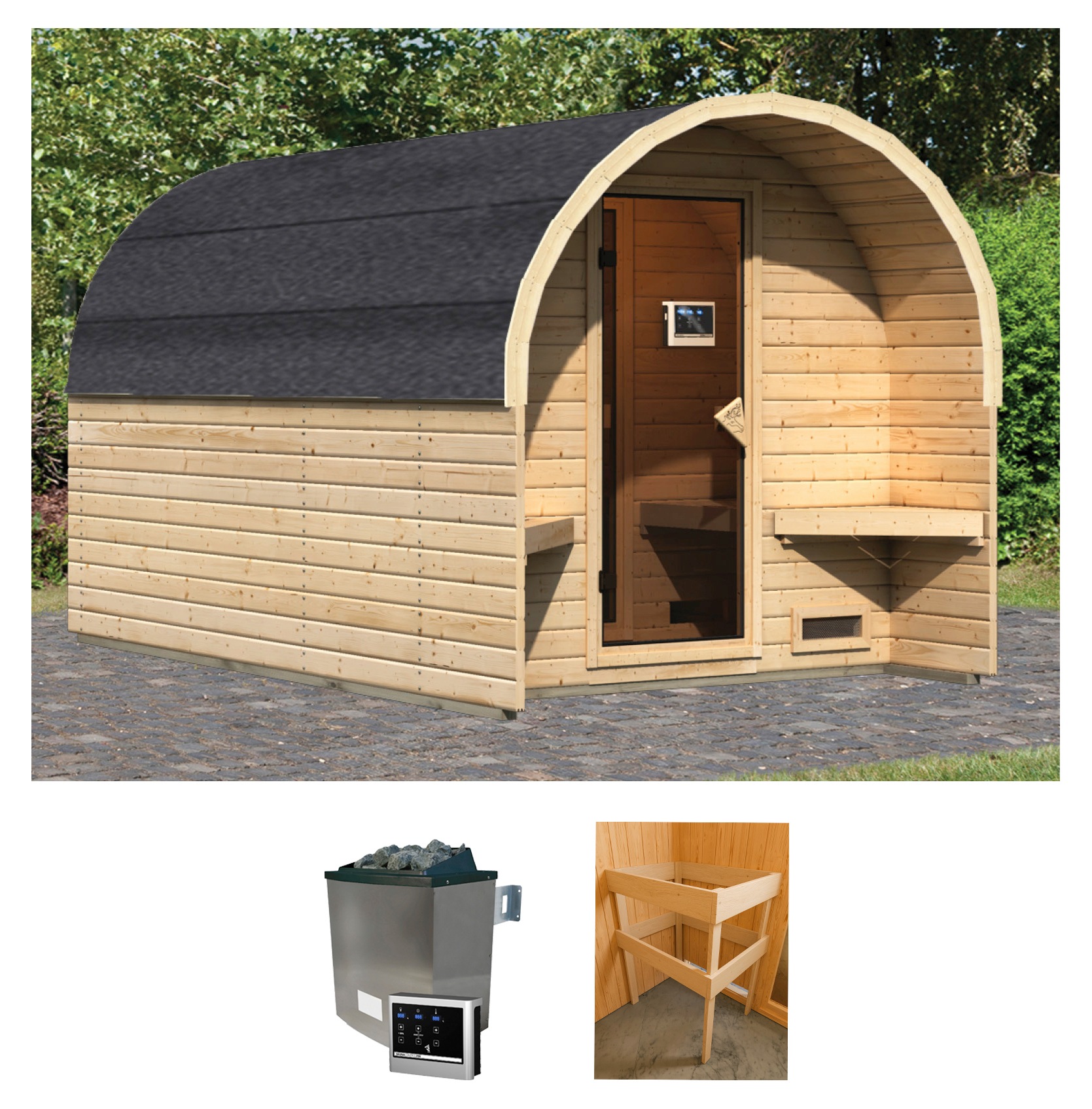 KARIBU Fasssauna "Fasshaus 3", Saunaofen, externe Steuerung, 9 kW, beige, Saunen, 9-kW-Ofen mit externer Steuerung