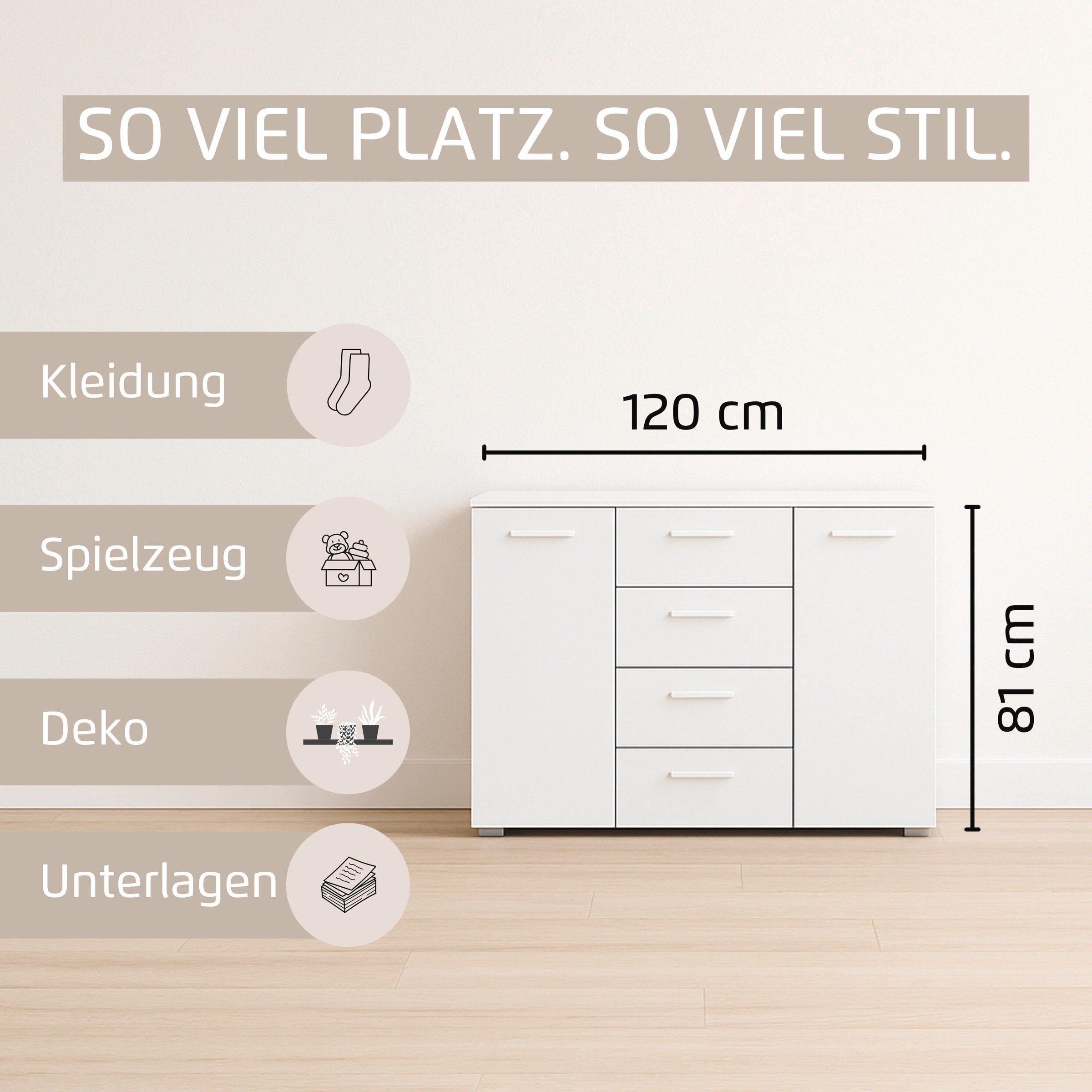 Thumbnail - rauch Kombikommode "Sideboard Schubladenkommode OTELI mit Dekor- und Hochglanzfront" Breite 120 cm inkl. Soft-Close-Funk...