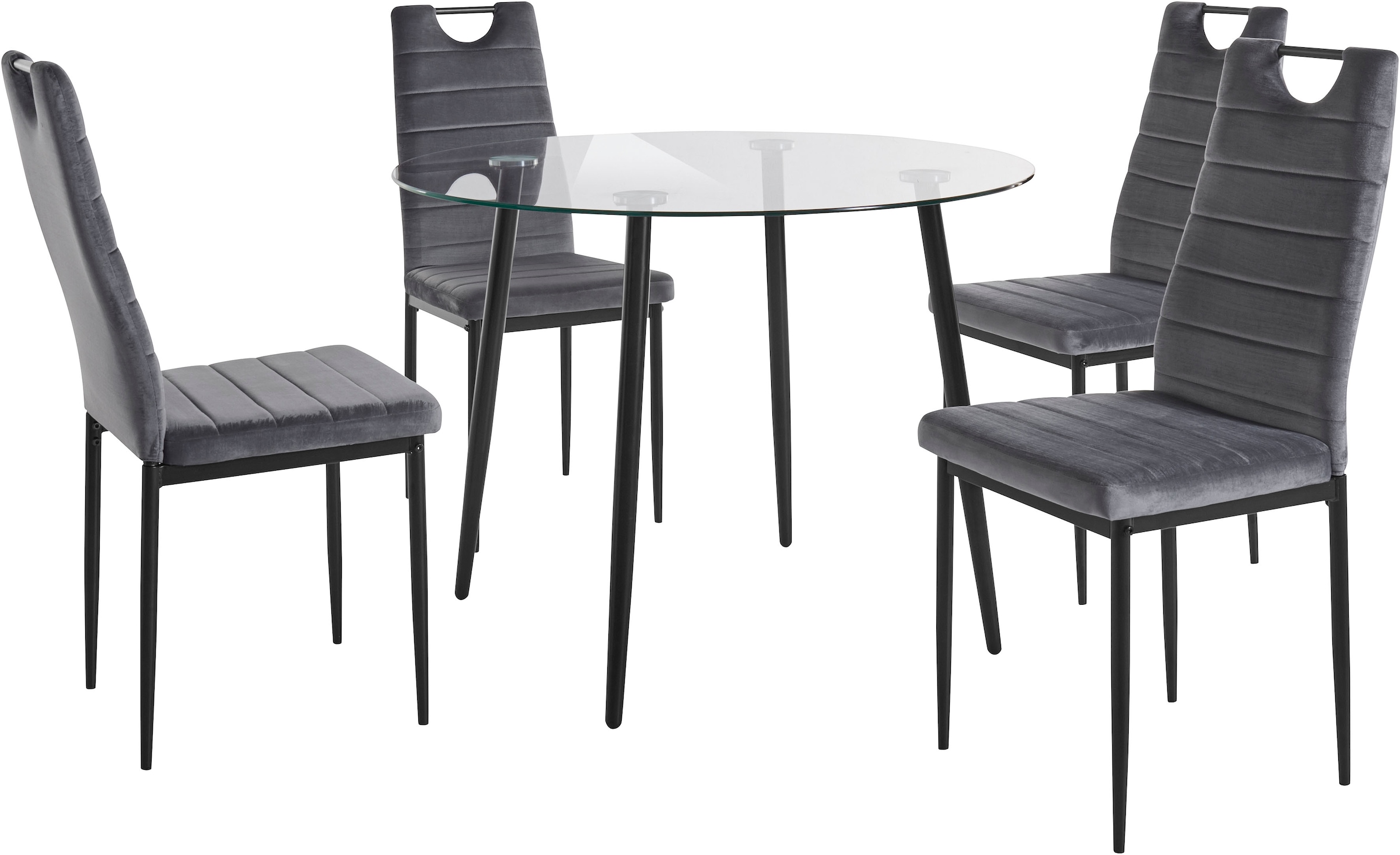 INOSIGN Essgruppe, (Set, aus Ø 4 Bezug und runder Glastisch, Esszimmerstühlen, | cm 100 Samtstoff tlg.), BAUR 5