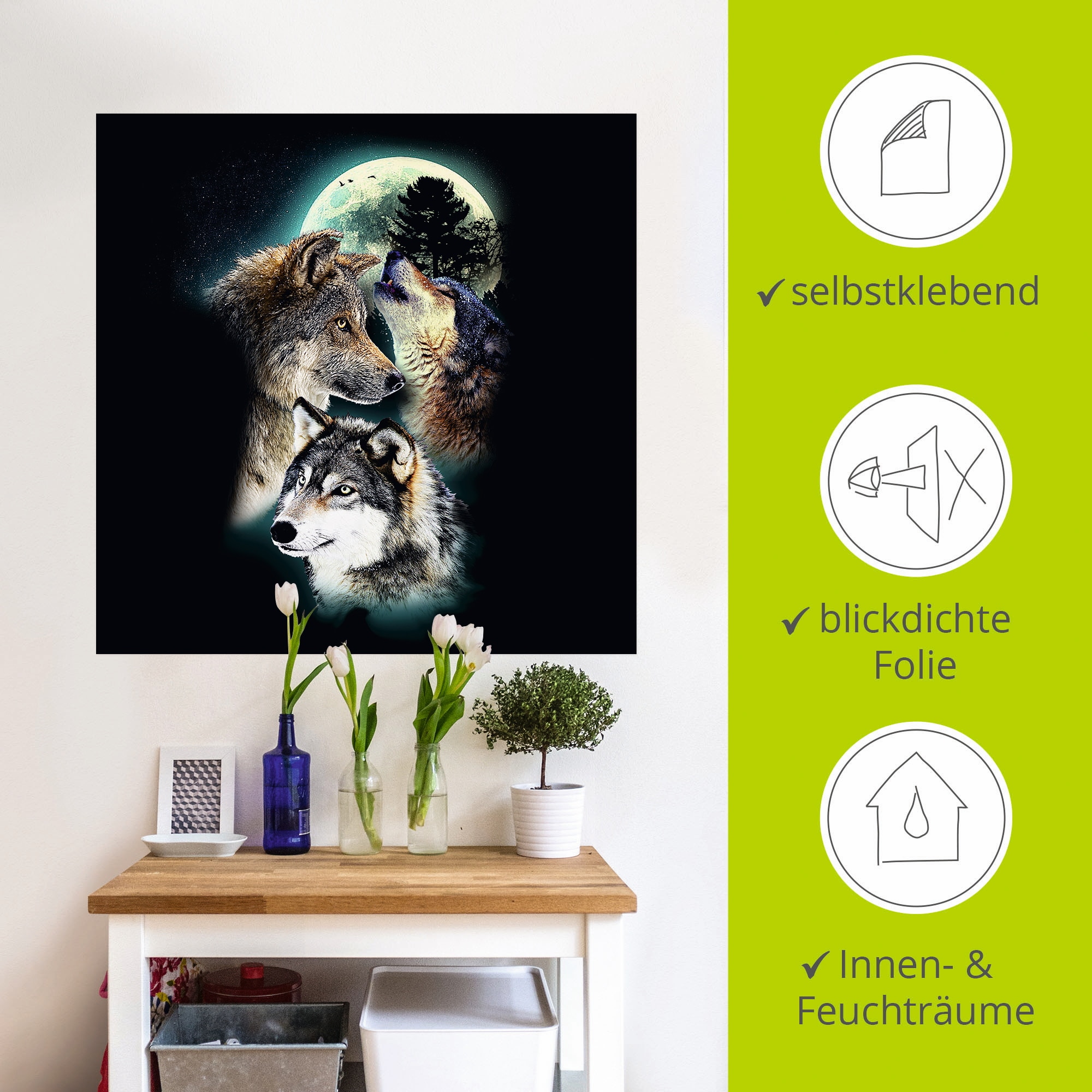 Artland Wandbild »Phantasie Wolf Wölfe mit Mond«, Wildtiere, (1 St.), als Leinwandbild, Poster, Wandaufkleber in verschied. Größen