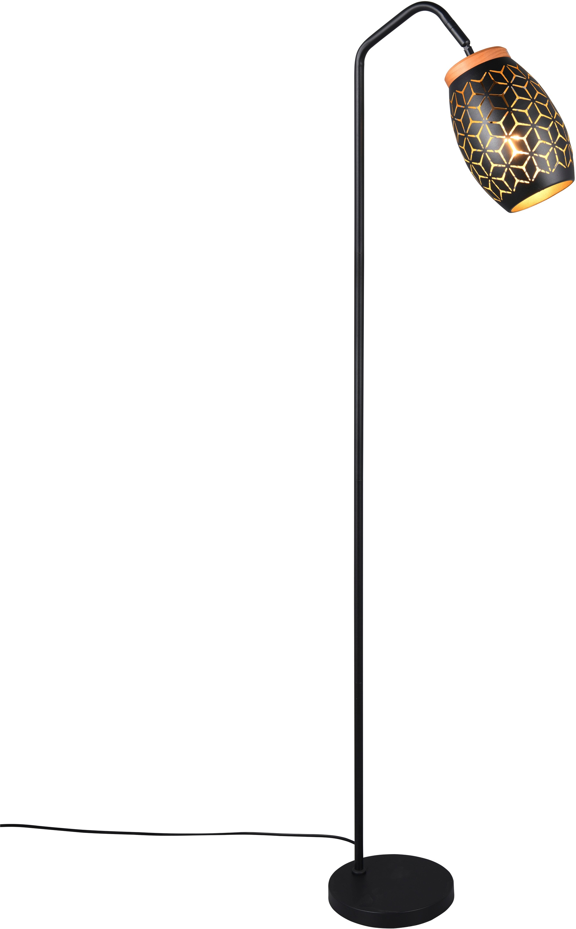 REALITY Leuchten Stehlampe »BIDAR, Stehleuchte Höhe 147 cm mit Fußschalter, exkl 1x E27 max 10W«, 1 flammig, Leuchtmittel E27 | Leuchtmittel wechselbar, Metall-Lampenschirm mit Lasercut Muster und Holz-Dekoelement