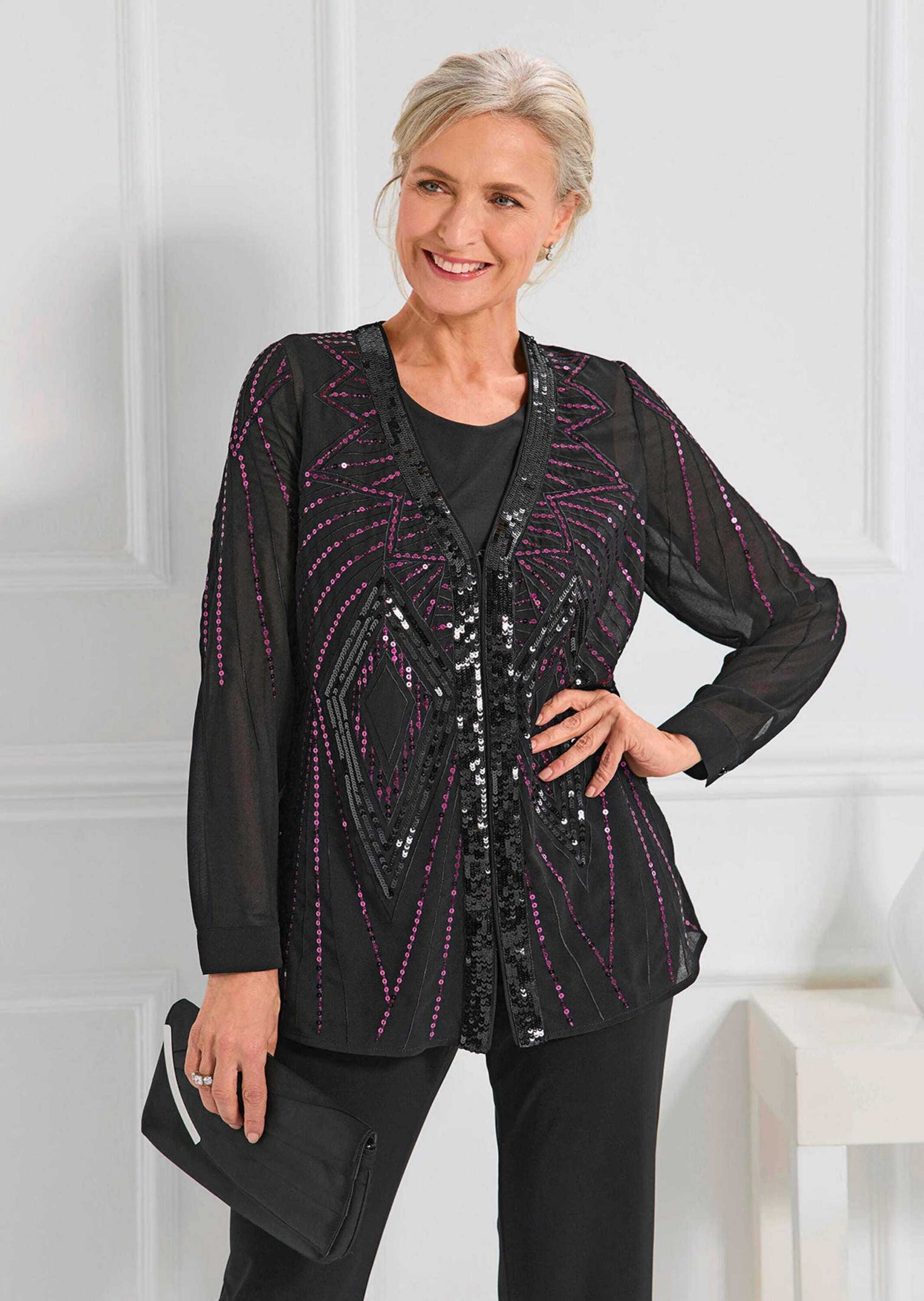 GOLDNER Chiffonbluse »Kurzgröße Chiffon-Jäckchen mit Pailletten«