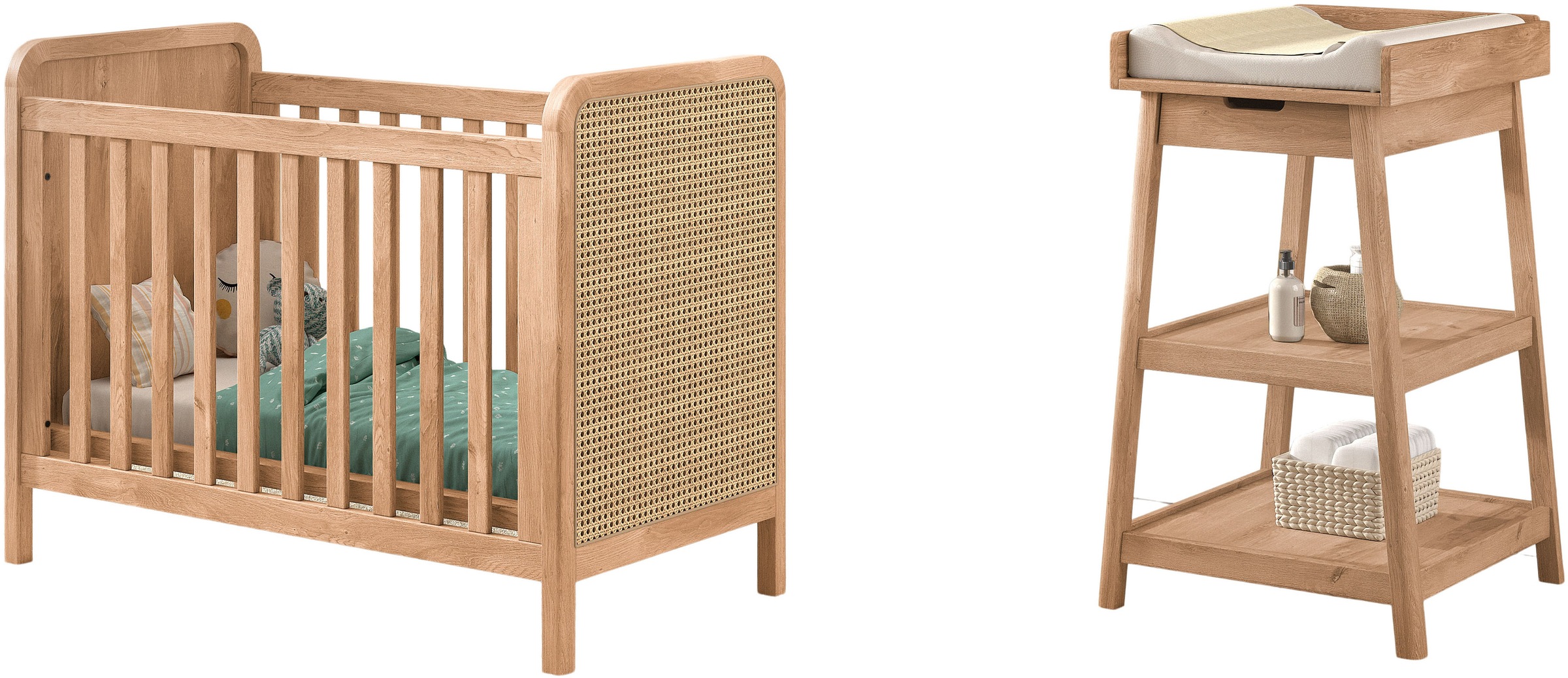 Vipack Babymöbel-Set »Woods best. aus Babybett 60x120 cm und Wickelregal« 2 tlg. geräumige Ablageflächer, Bett wahlweise mit Rattan oder Bouclé Optik