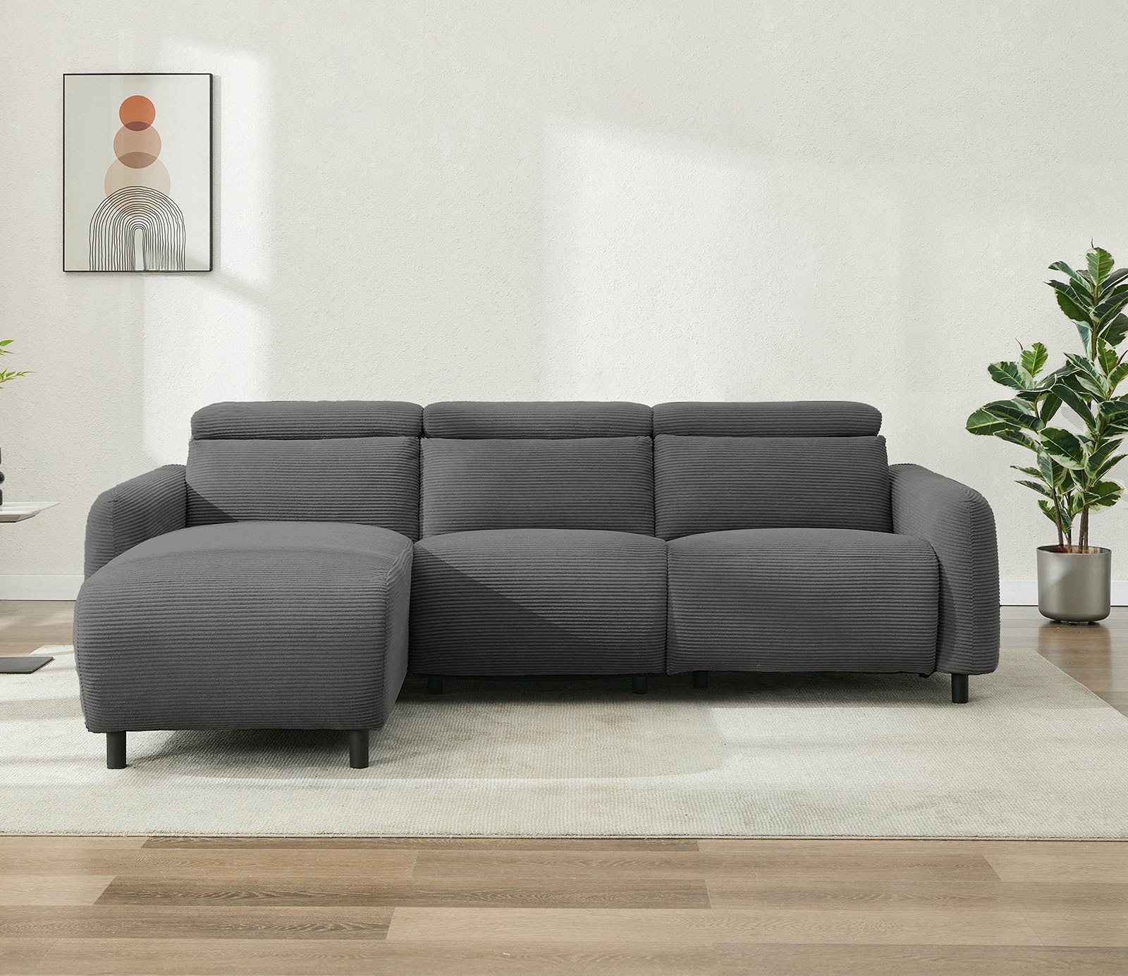 OTTO home Ecksofa "SKAANE in Cord, L-Form, 274 cm, manuelle u. elektrische Relaxfunktion," rundes Design, Kopfteilverstellung, Federkernpolsterung