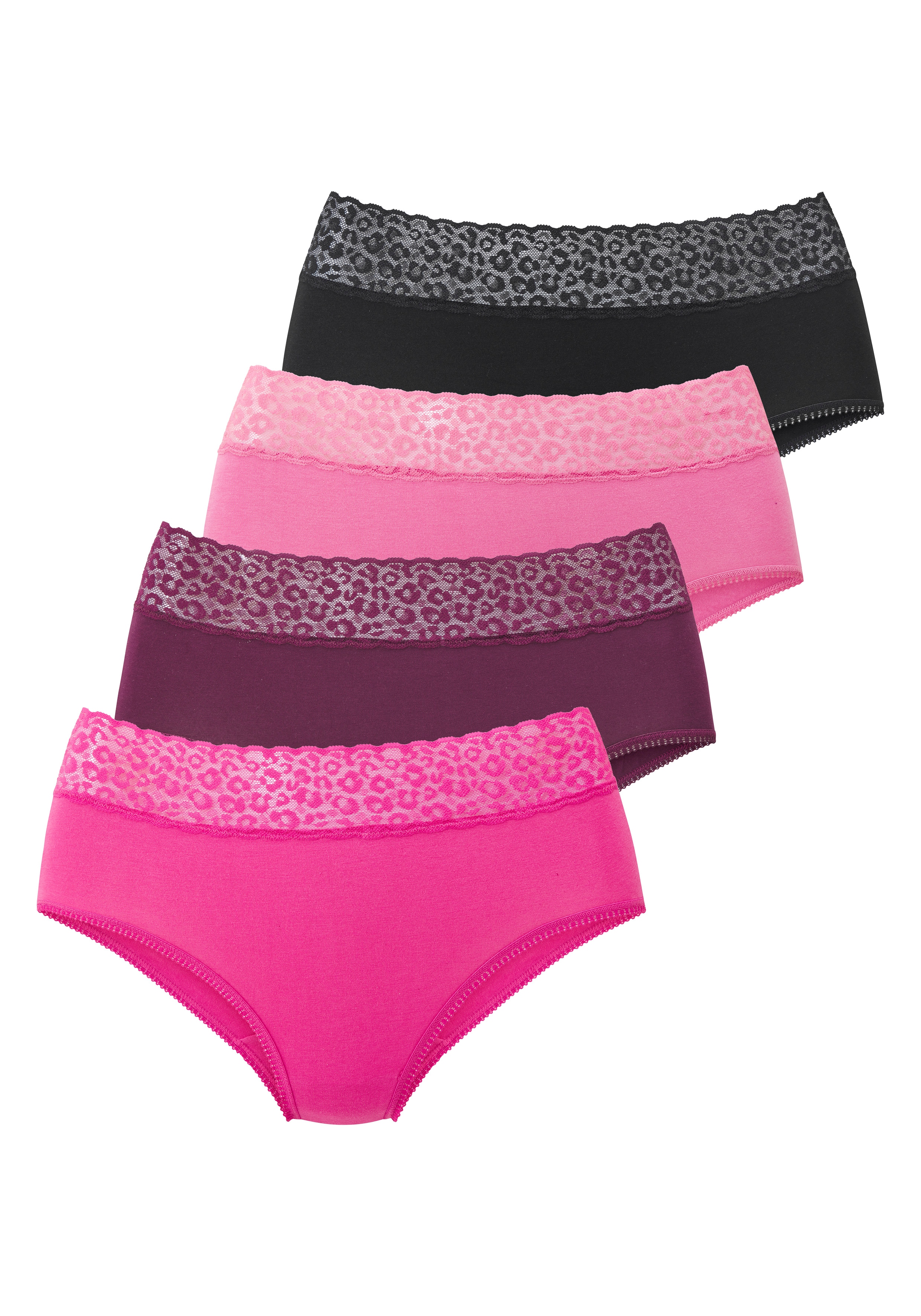 LASCANA Taillenslip 4er Pack, aus elastischer Baumwolle mit Leo-Spitze am Bund