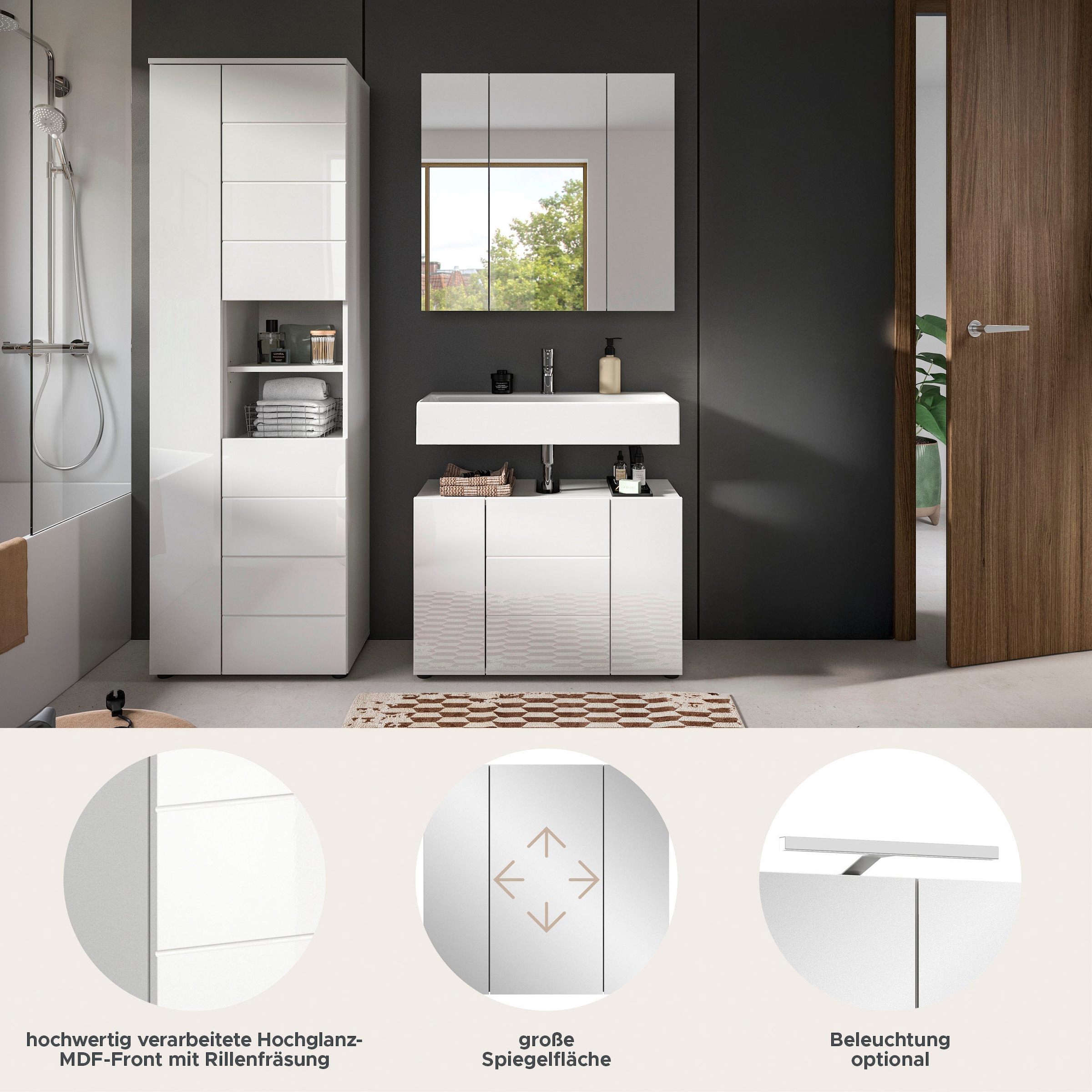 welltime Badmöbel-Set "Biel, Höhe 190 cm, Hochschrank, Unterschrank, Spiege günstig online kaufen