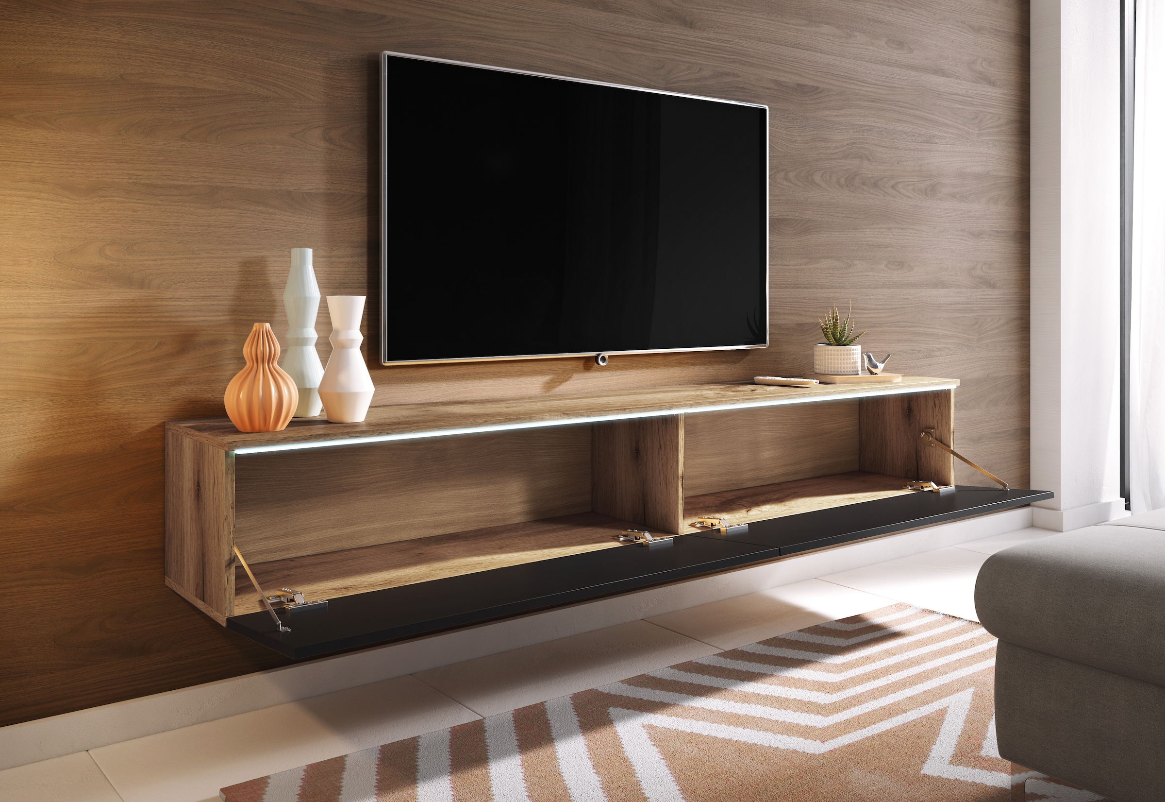 INOSIGN Lowboard »LOWBOARD VERA, wahlweise mit oder ohne Beleuchtung«, Modernes griffloses TV-Board, 180 cm TV-Schrank, stehend und hängend