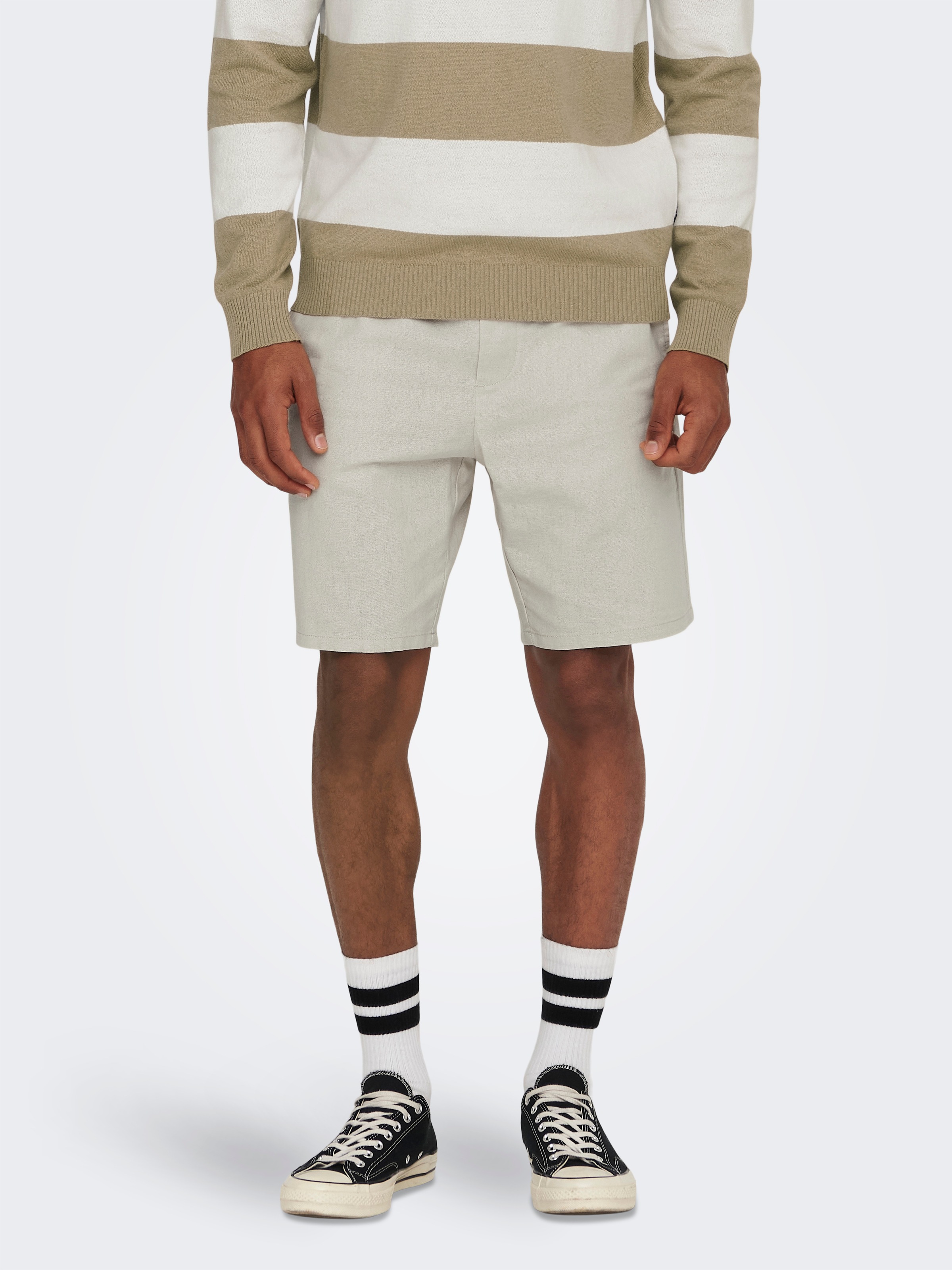 Shorts ONLY & SONS "ONSLINUS 0007 COT LIN SHORTS NOOS", Herren, Gr. L, N-Gr, beige (silber lining), Web, Obermaterial: 75% Baumwolle, 25% Leinen, unifarben, loose fit kniefrei, Hosen Shorts