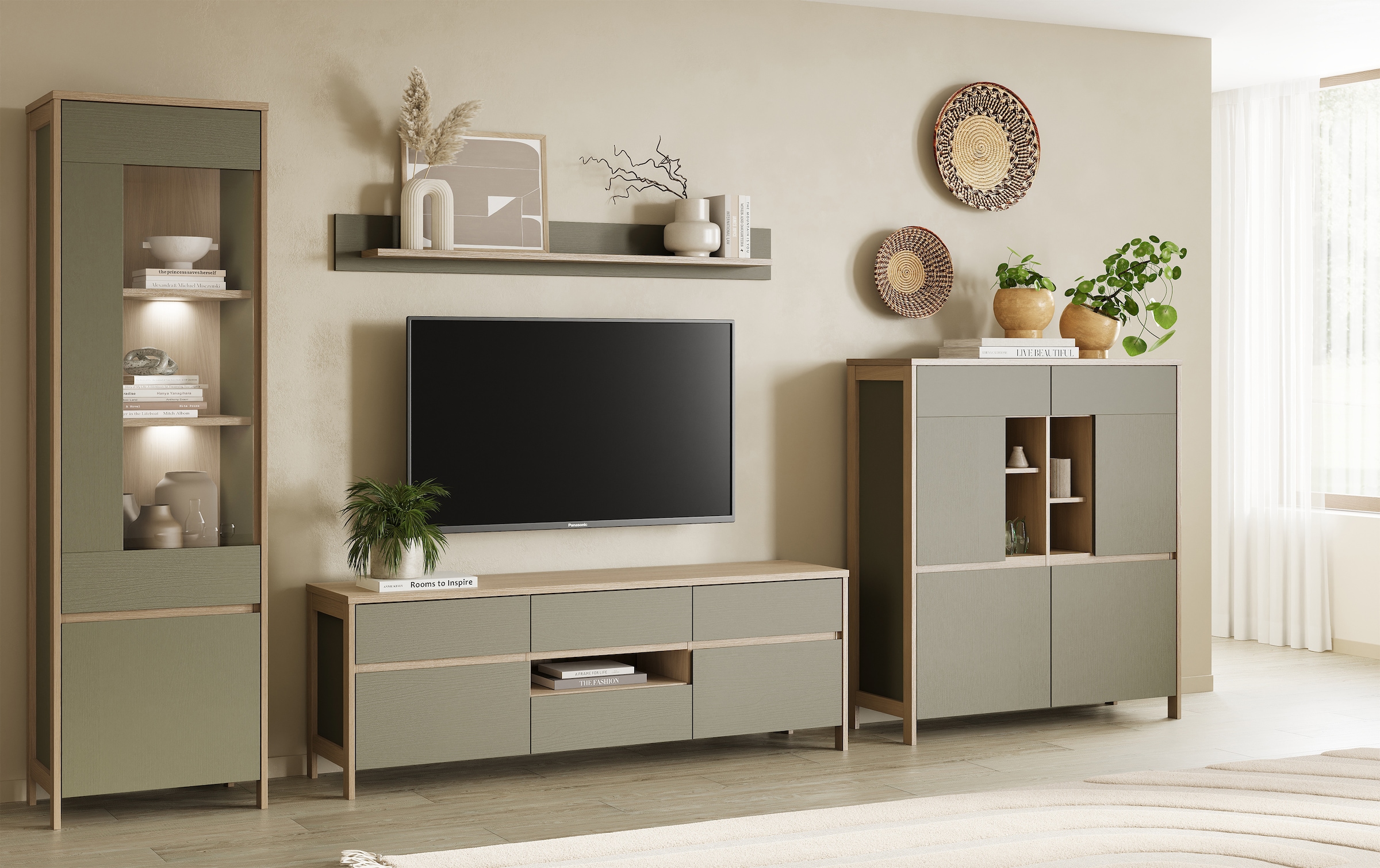 Home affaire Wohnwand »Stranda, moderne Anbauwand, Komplettset im Scandi-Style«, (4 St.), enthält Vitrine, Lowboard, Highboard und Wandboard, 364 cm breit