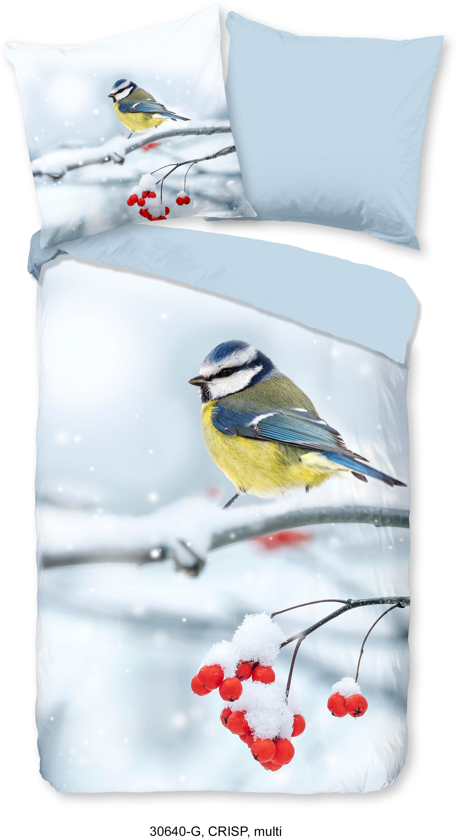 good morning Wendebettwäsche "Crisp", 100% Baumwolle, 135x200, Reißverschluss, Wendeoptik, Vogel, Winter