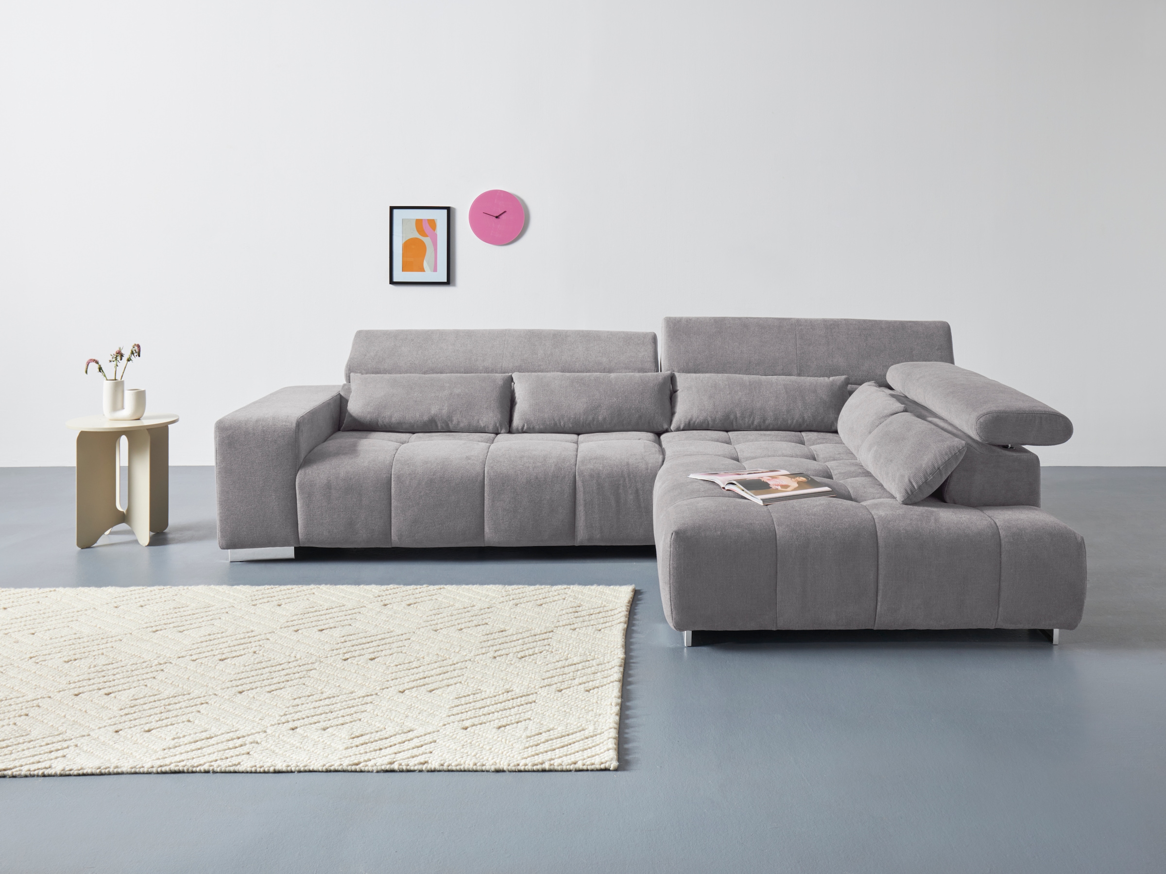 COTTA Ecksofa "Orion L-Form, B: 310 cm, moderne Steppung, bequeme Wellenunterfederung" Kopfteilverstellung & 5 Nierenkissen