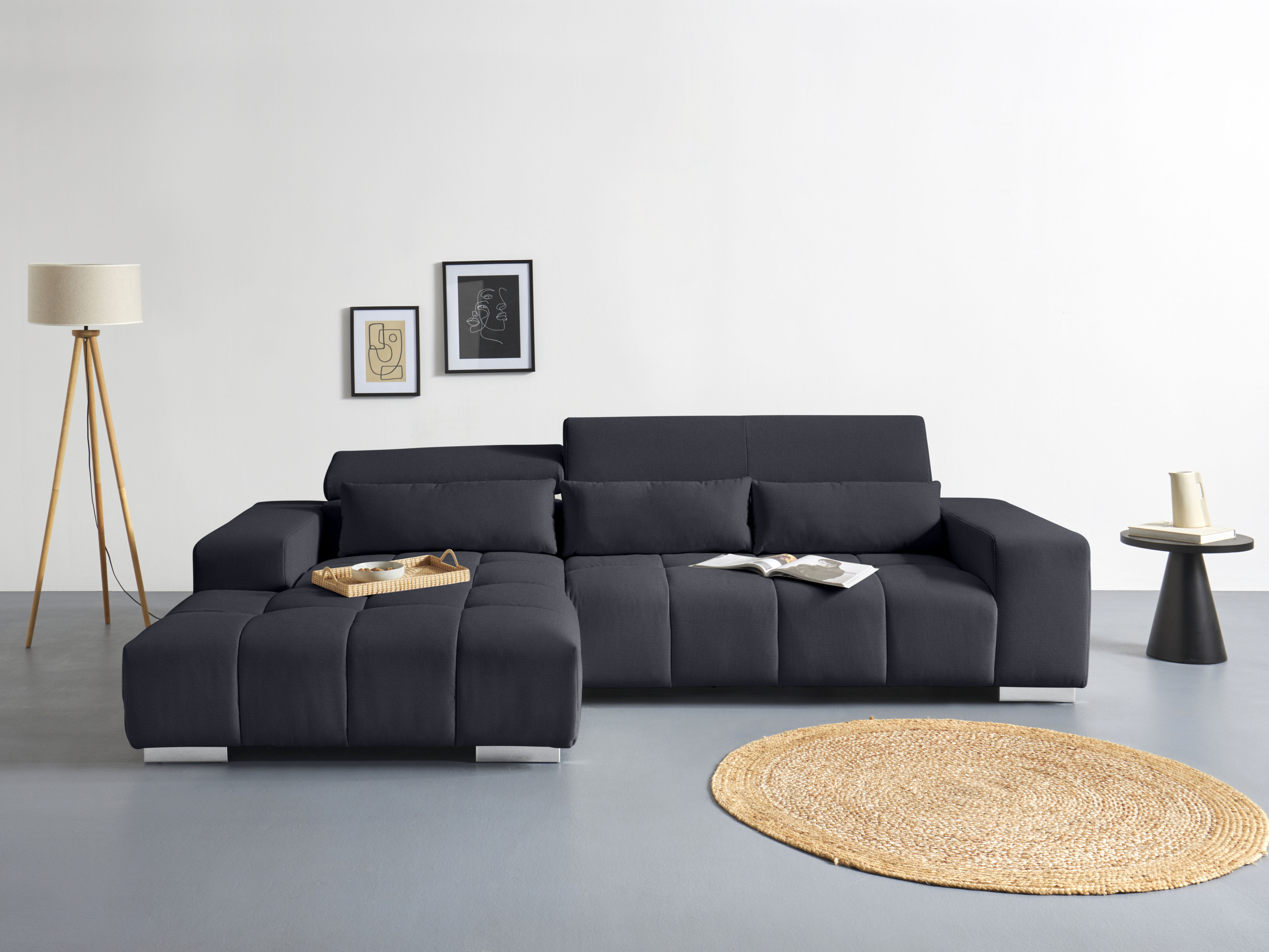 COTTA Ecksofa "Orion L-Form, B: 307 cm, moderne Steppung, bequeme Wellenunterfederung" 2x Kopfteilverstellung & 3 Nierenkissen