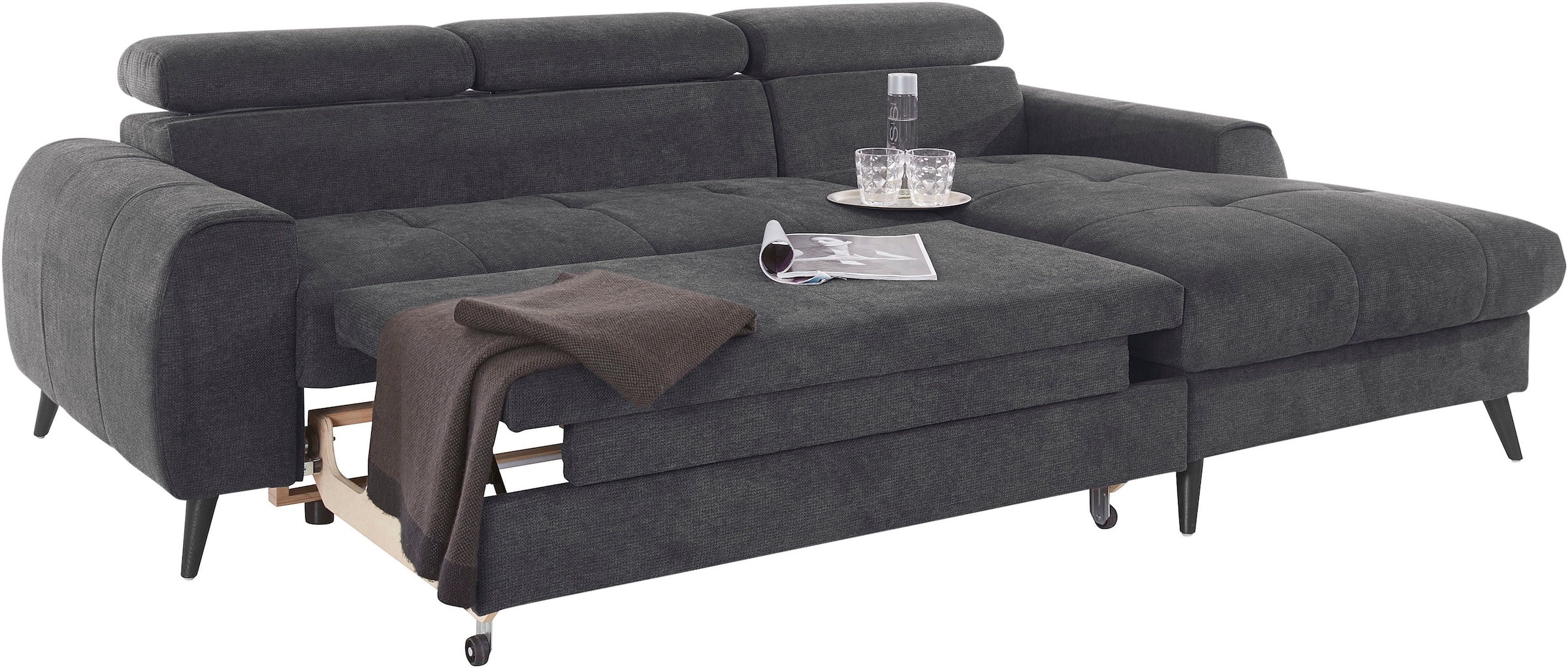 COTTA Ecksofa »Mia L-Form mit 3 Zierkissen«, wahlweise mit Bettfunktion, Bettkasten, Beleuchtung & Wireless-Charger