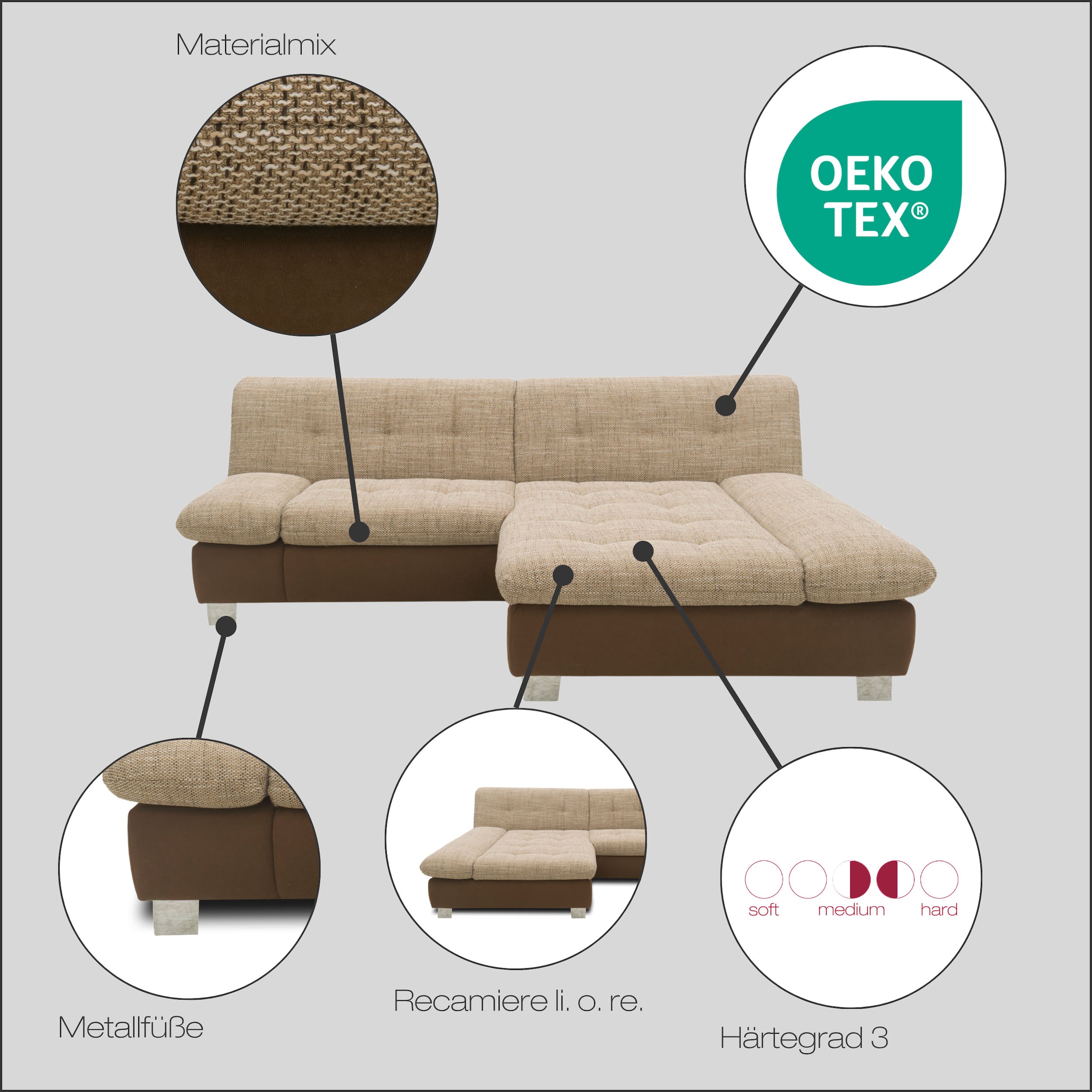 DOMO collection Ecksofa »100031 kompakte Stellmaße, komfortabel und bequem, L-Form« wahlweise mit Bettfunktion und Armteilverstellung. Breite 234 cm