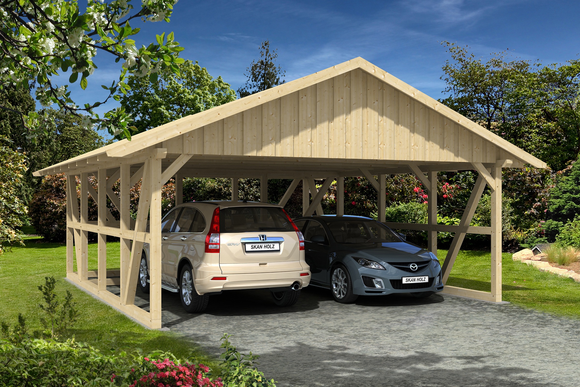 Skanholz Doppelcarport »Schwarzwald«, 560 cm, Natur, mit Abstellraum 3, mit Dachschalung