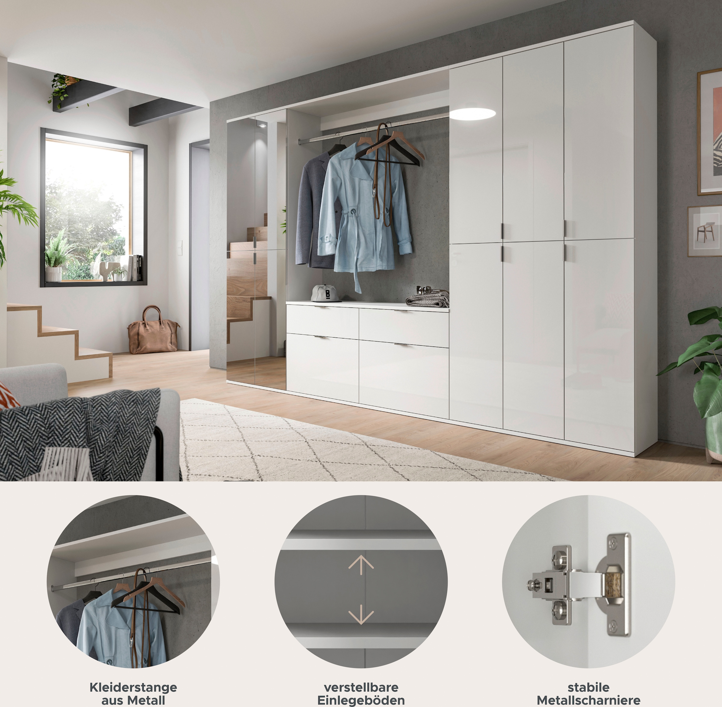 INOSIGN Garderoben-Set »Trondheim, Breite 273 cm, 6-teilig, bestehend aus:«, (Set, 5 St.), 3x Garderobenschrank, 1 Kommode, 1 Garderobenstange, 1 Ablageboden