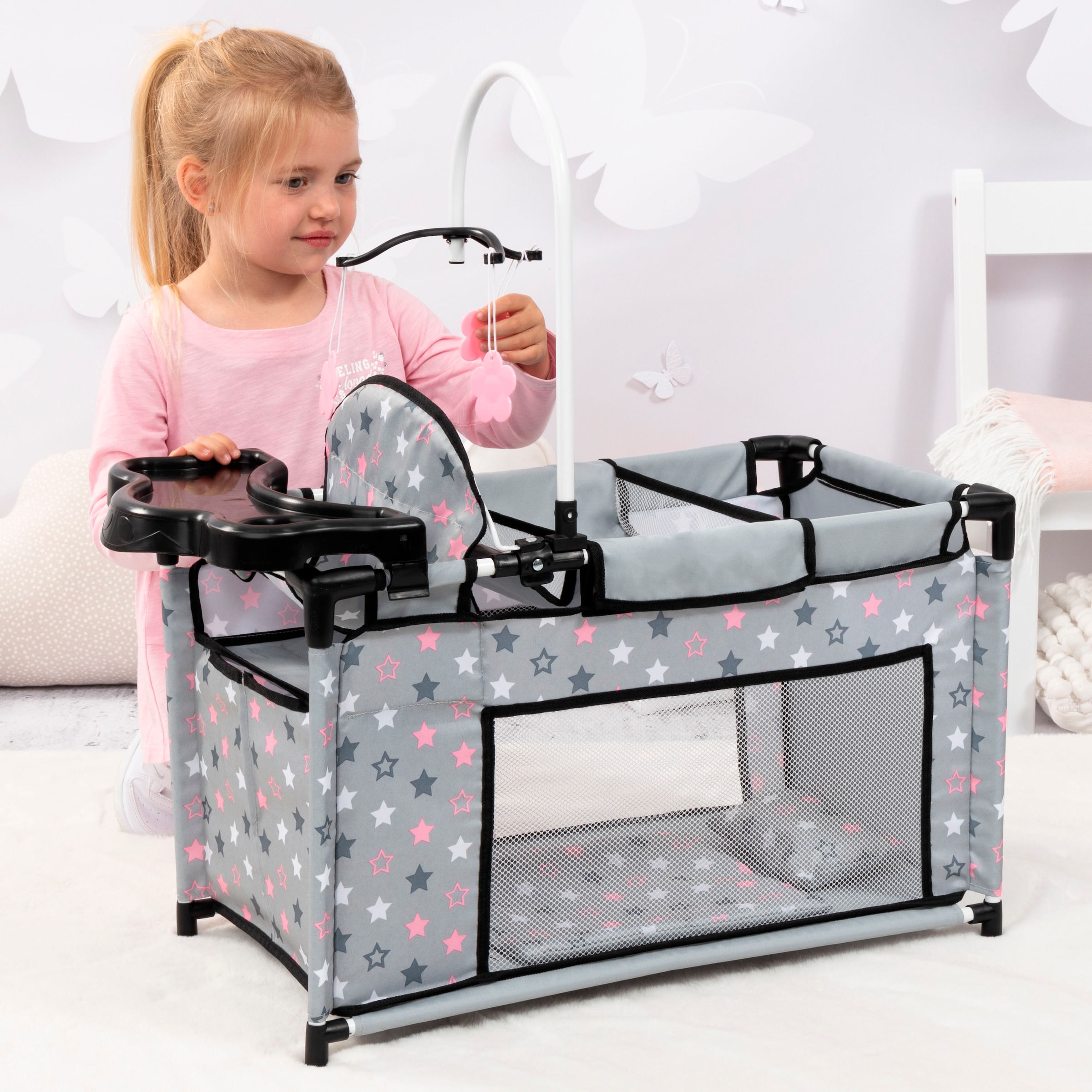 Bayer Puppenbett »Puppenmultibett, grau«, Mit integriertem Hochstuhl, Wickelablage und Mobile