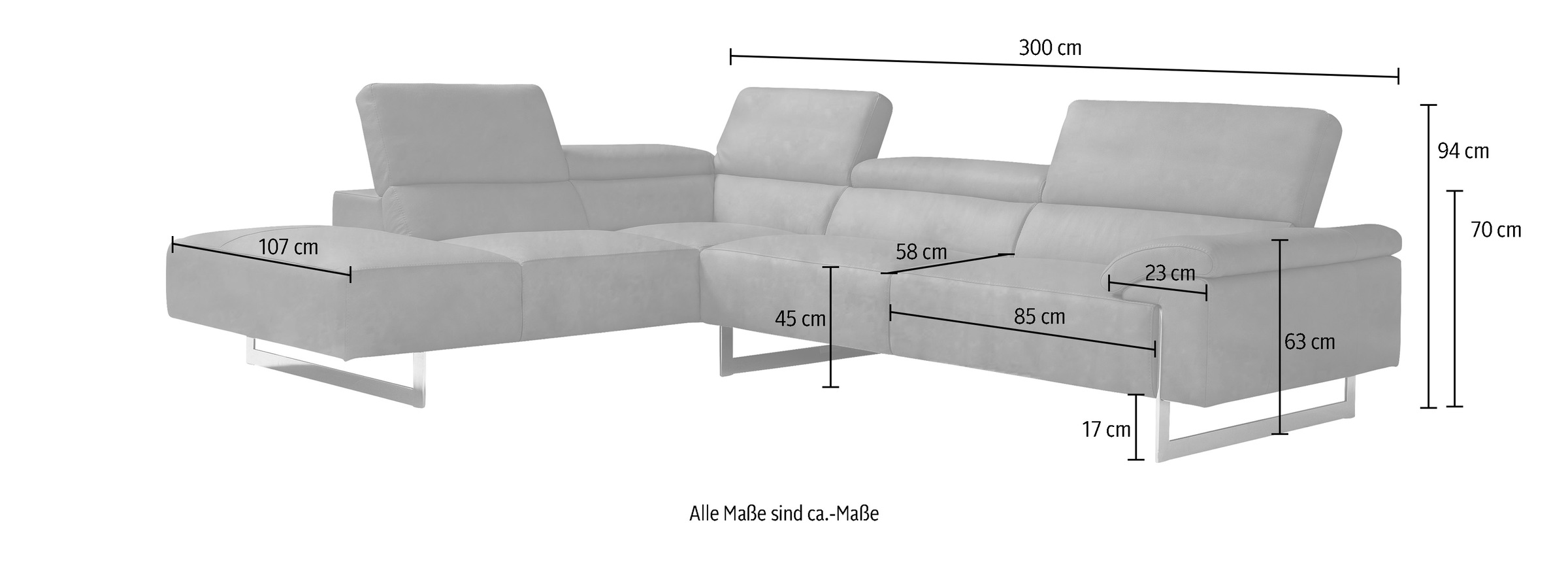 Egoitaliano Ecksofa »Malika«, mit Ottomane, inkl. Kopfteilverstellung und chromfarbenen Metallfüßen