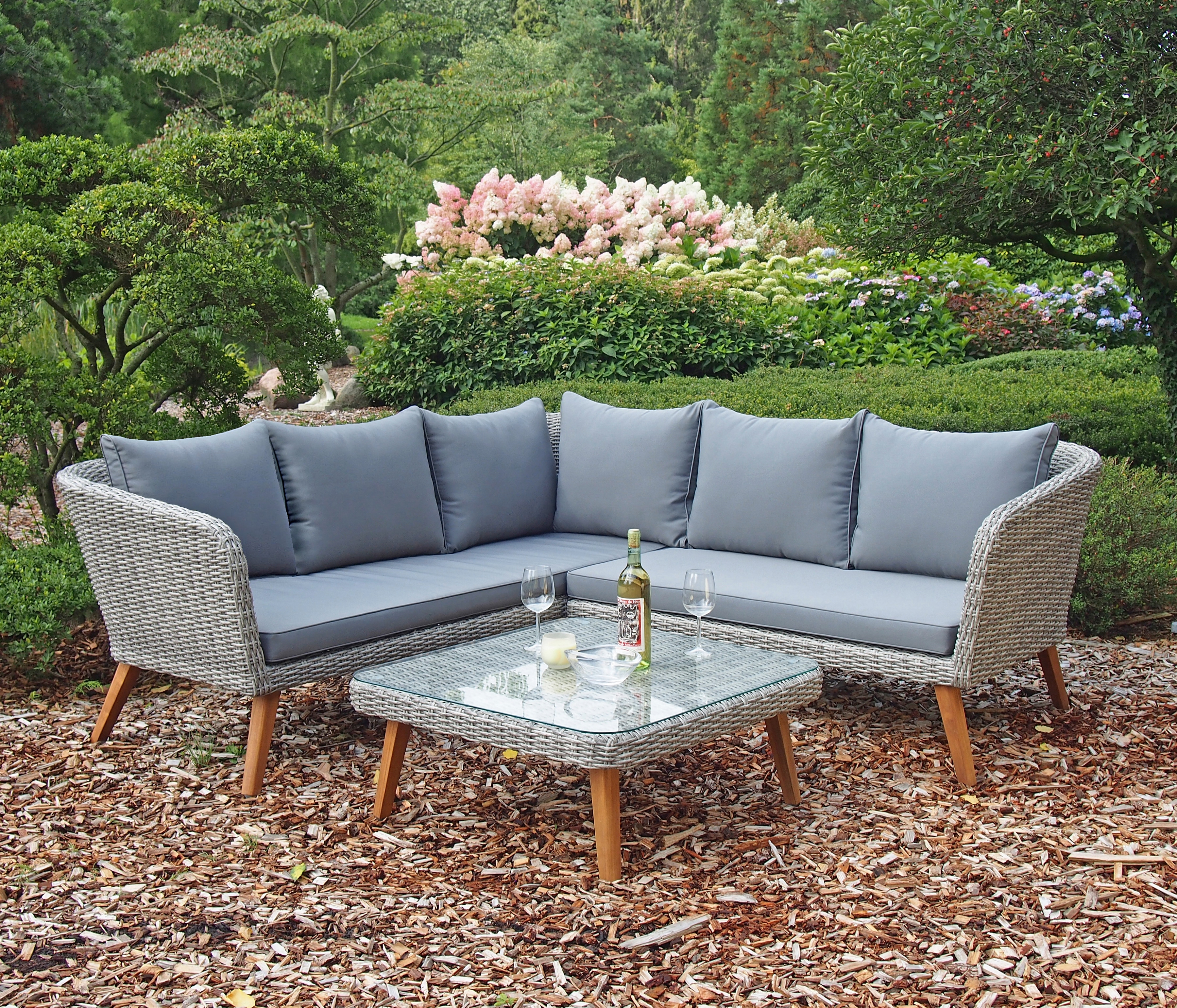 Garten-Essgruppe GARDEN PLEASURE, B:180cm H:75cm T:180cm, grau, Aluminium, FSC-zertifiziertes Massivholz, Glas, Polyrattan, Sitzmöbel-Sets,