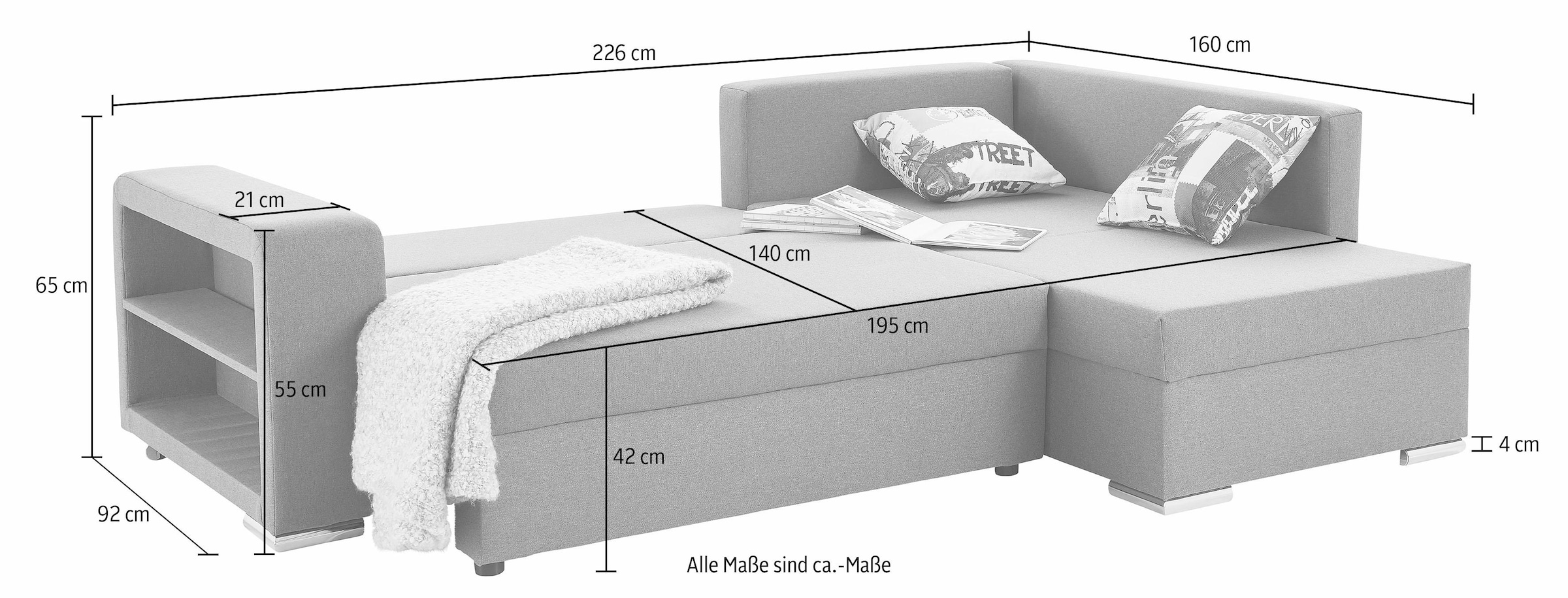 Ecksofa John mit Bettfunktion, Bettkasten und Regalarmteil