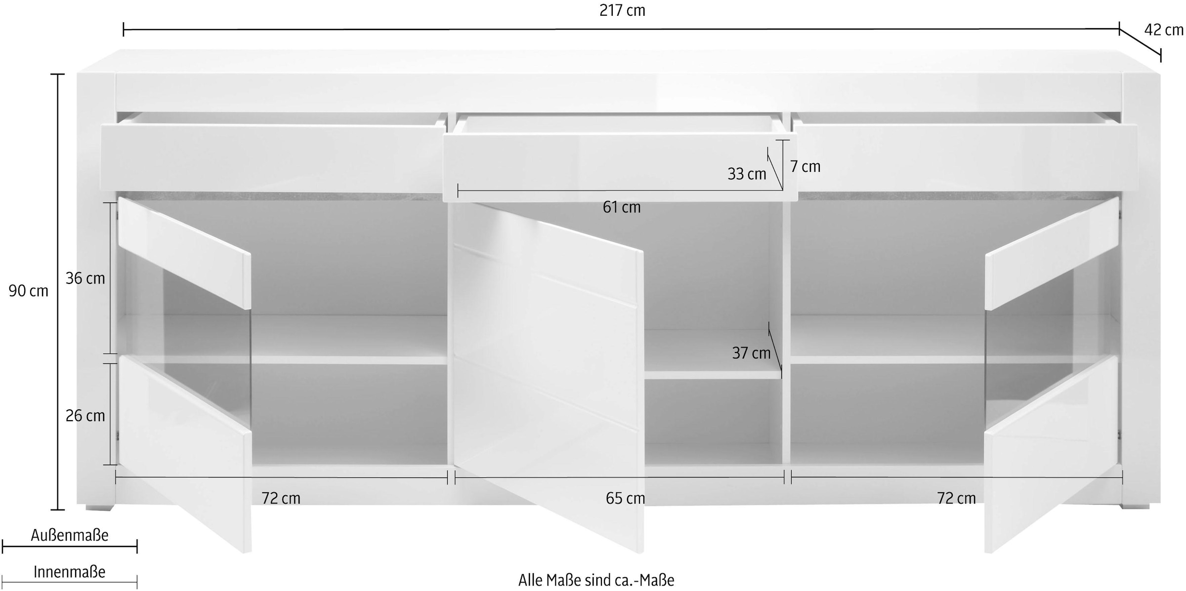 INOSIGN Sideboard »Carat«, Breite 217 cm, wird mit zwei Leisten angeliefert, 1 x grau, 1 x weiss