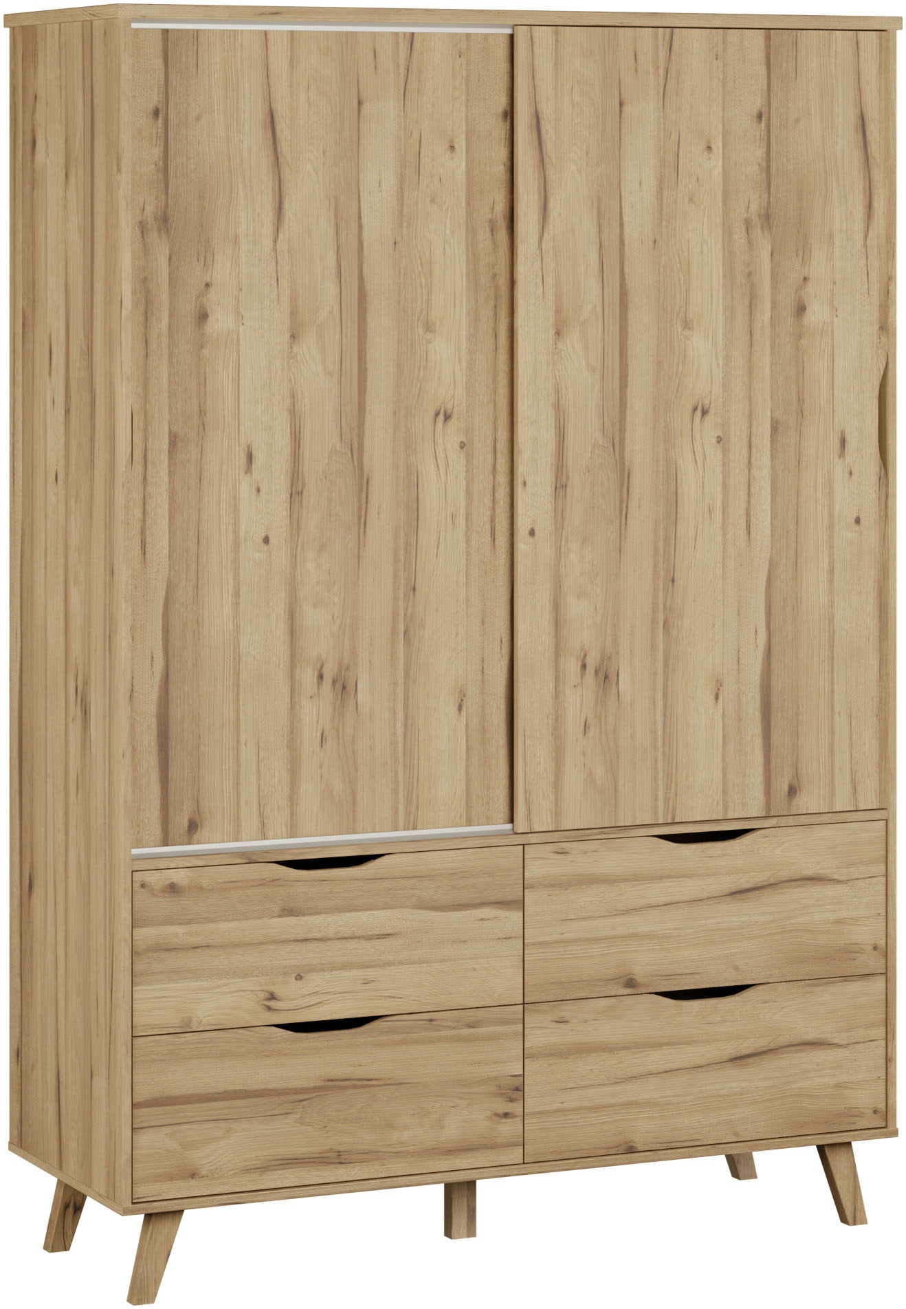 FORTE Schiebetürenschrank "Vankka Viel Stauraum, skandinavischer Stil" B/H/T ca.140x200x50cm, Made in Europe, mit Einlegeböden+Kleiderstange+Schubladen,grifflos