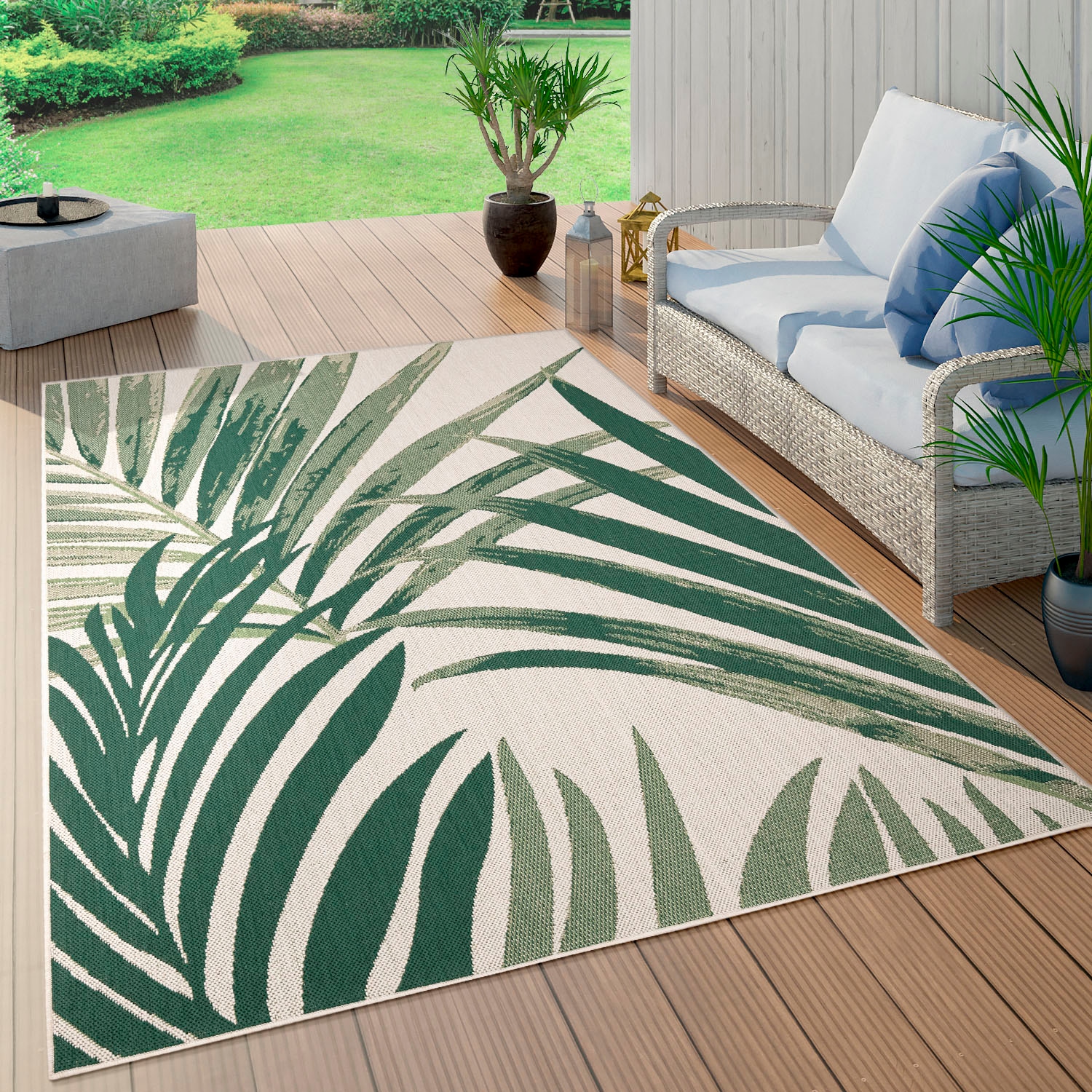 Paco Home Teppich »Ostende geeignet, | und Outdoor rechteckig, Motiv Rechnung BAUR auf Palmenblätter, 552«, In- Flachgewebe, Wohnzimmer