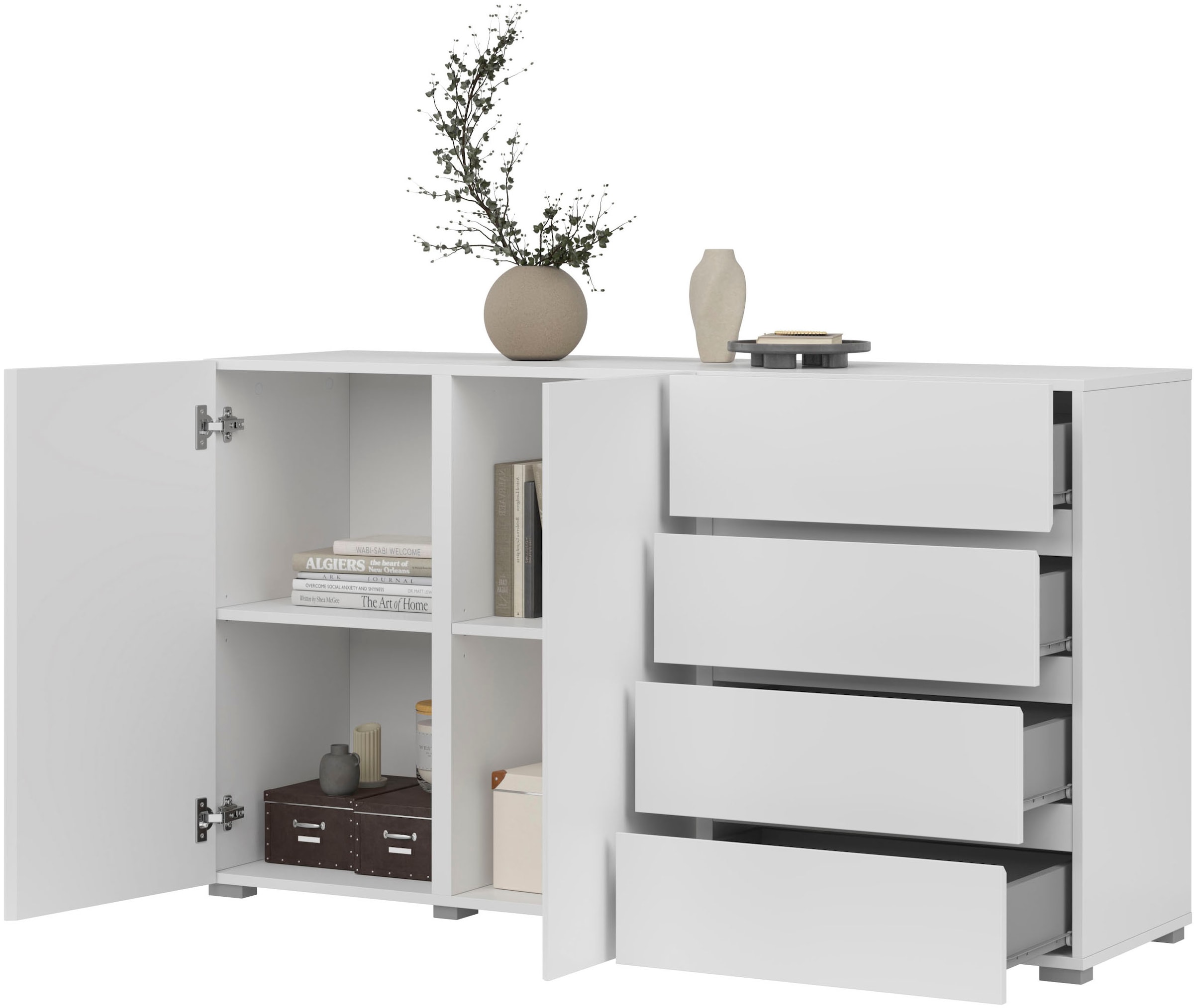 INOSIGN Sideboard »Asymetric, Breite 138 cm, grifflose Kommode 2 Türen/4 Schubkästen«, Schubladenschrank mit viel Stauraum, Einlegeböden verstellbar