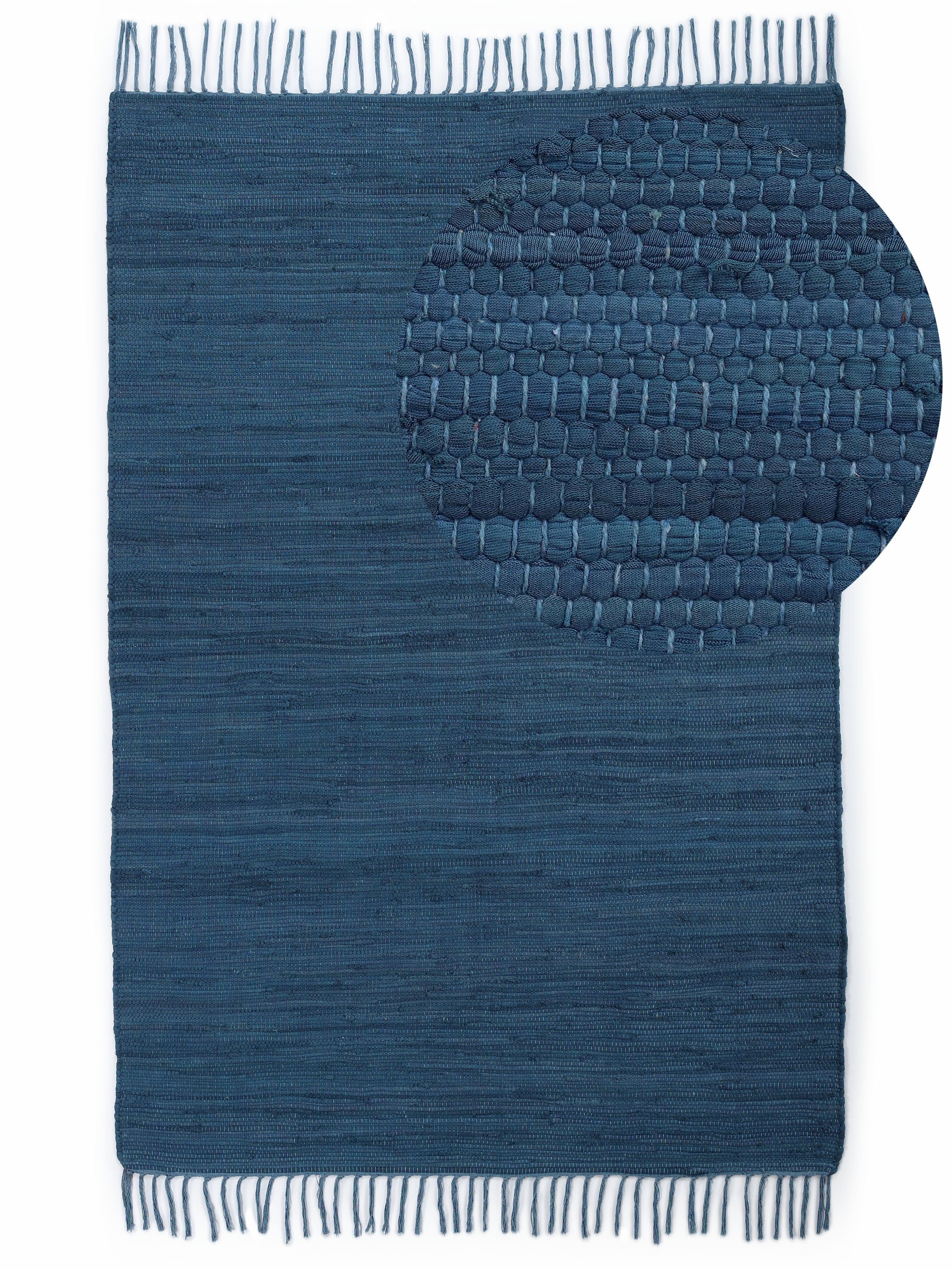 Teppich CARPETFINE "Kelim Chindi uni, auch als Läufer", blau, B:140cm H:5mm L:200cm, Baumwolle, Teppiche, Teppich, Wendeteppich, reine Baumwolle, handgewebt, Uni-Farben, mit Fransen