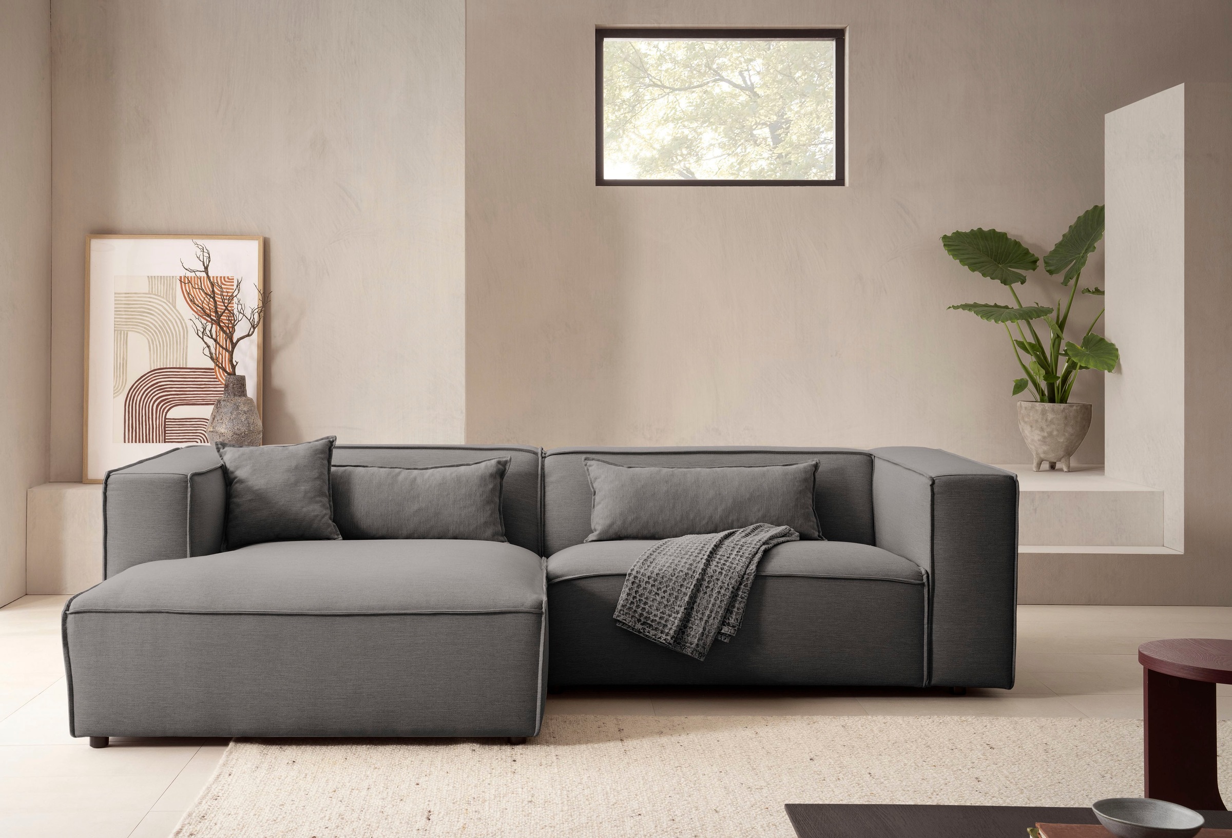 LeGer Home by Lena Gercke Ecksofa »PIARA mit Kedernaht in Cord oder Leinenoptik, moderne Couch in L-Form«, wahlweise Ottomane rechts/links, schwarze Füße, bequemer Sitzkomfort