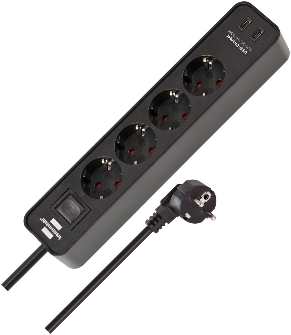 BRENNENSTUHL Steckdosenleiste "Ecolor H05VV-F3G1,5 1,5m 4-fach mit 2 USB-C-Ladebuchsen", 1,5m, schwarz, Steckdosenleisten