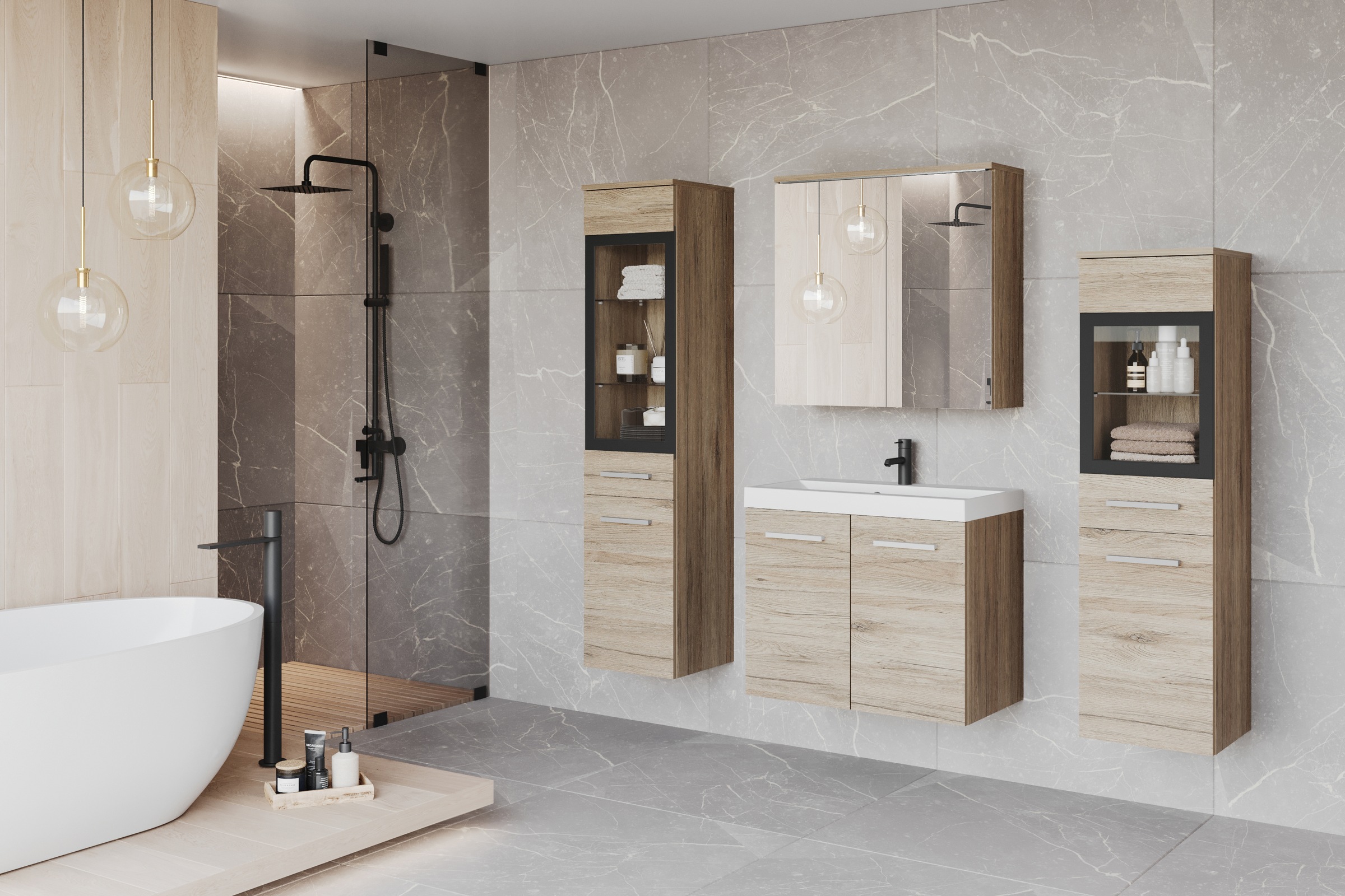 welltime Badmöbel-Set »MADRIT II, Schrank mit Waschbecken, 2 Hänger, Spiegelschrank«, (Komplett-Set, 5 St.), Hängende Badmöbel mit Glaseinsätzen – in vielen Farben erhältlich