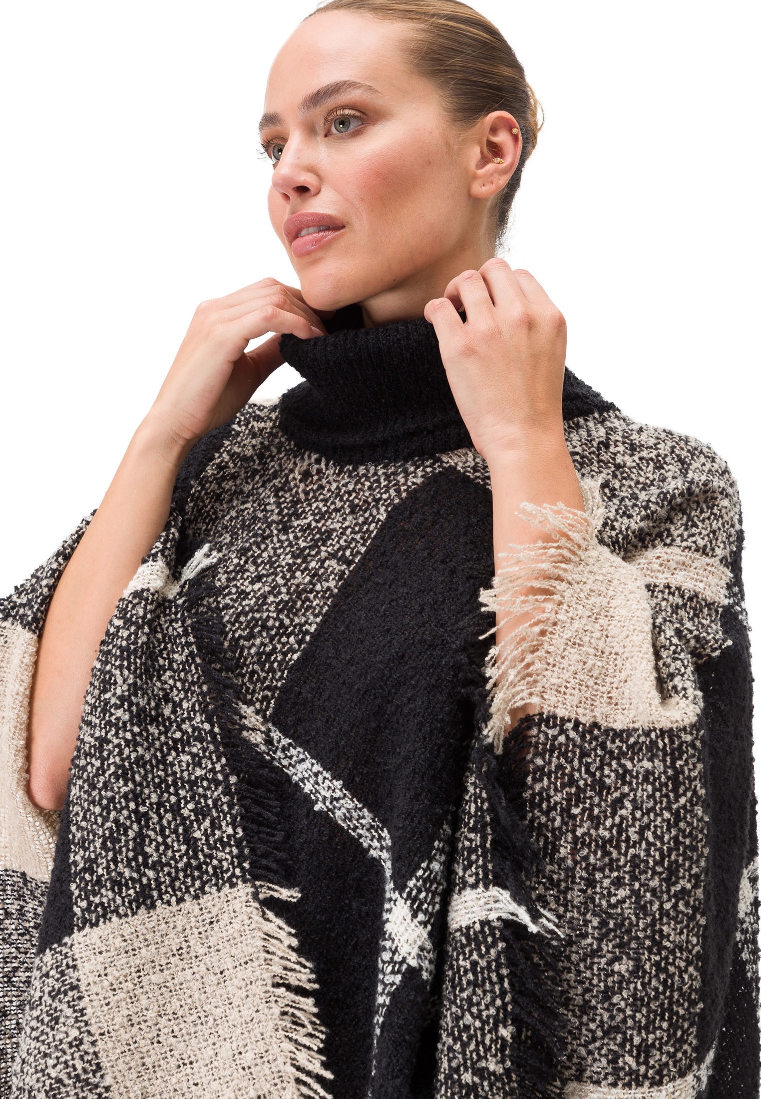 Zero 2-in-1-Strickjacke »zero Poncho mit Rollkragen«, Fransen